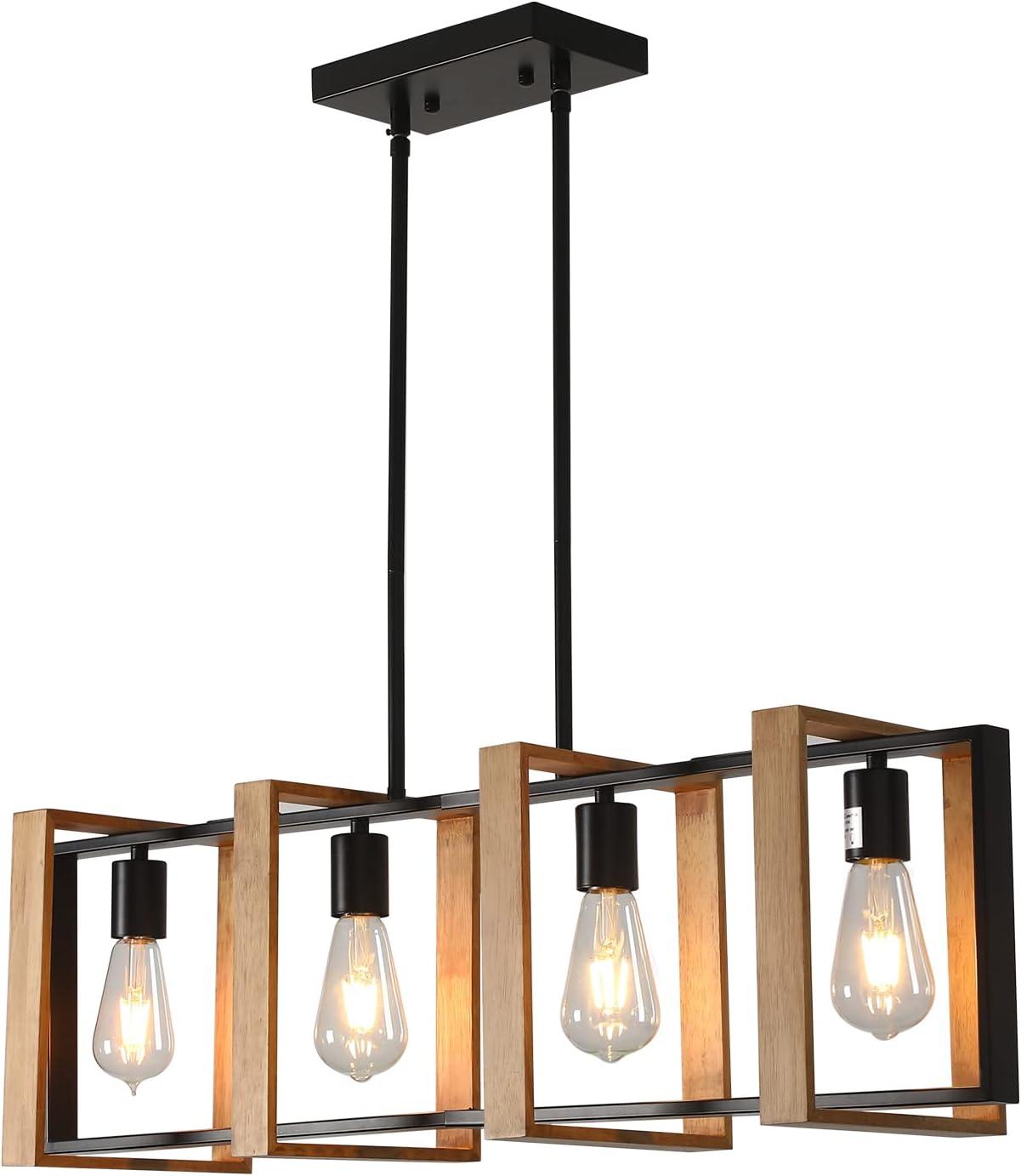 Edvivi Lighting Matte Black and Wood 4-Light Linear Island Lighting with Exposed Bulbs