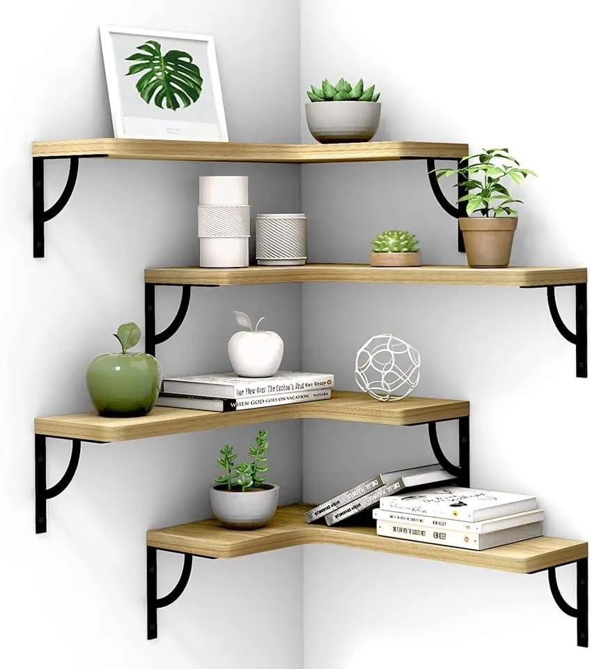 Small Modern Light Brown Floating Corner Wall Shelf Set