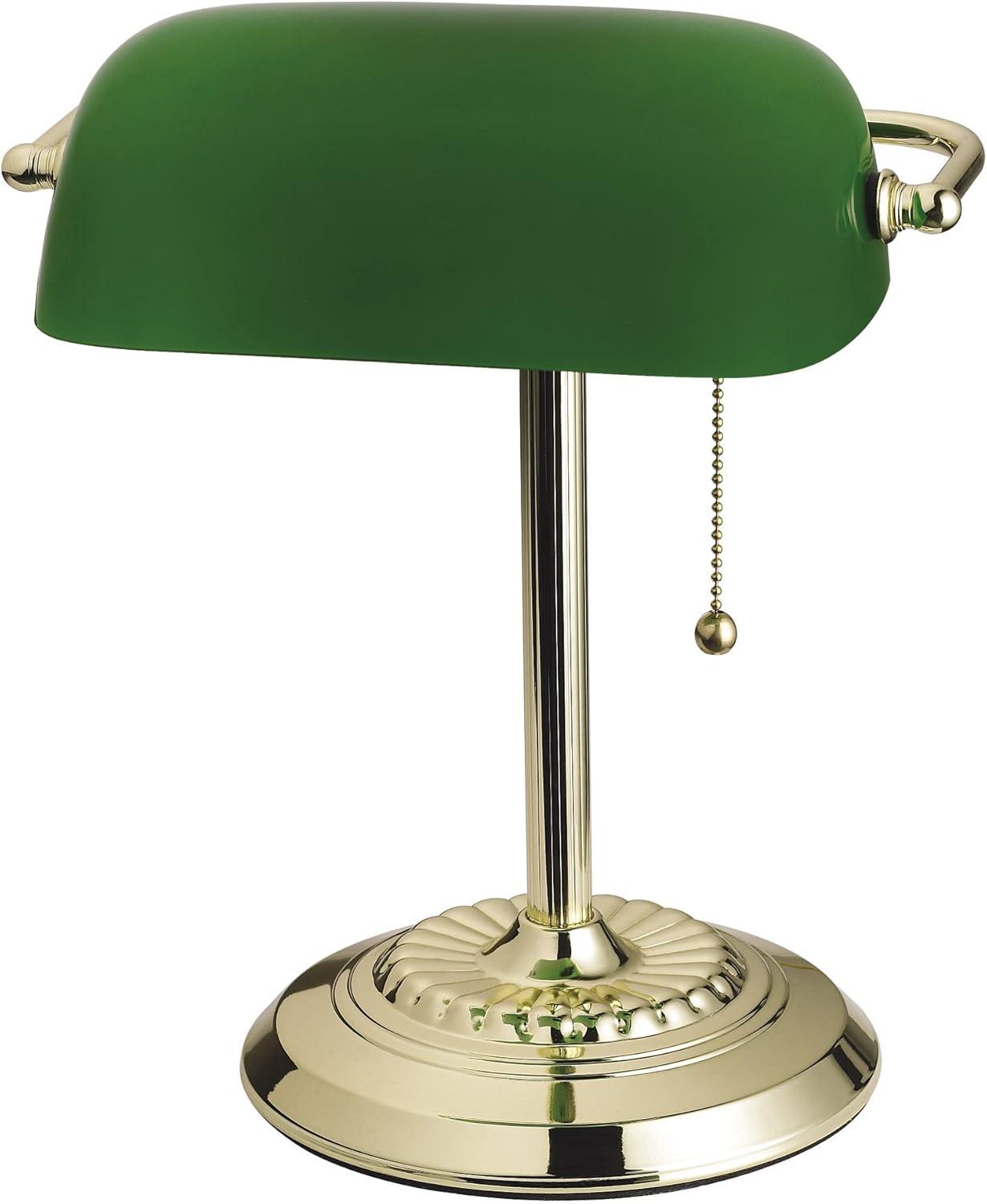 Adjustable Brass and Green Banker Desk Lamp with Glass Shade