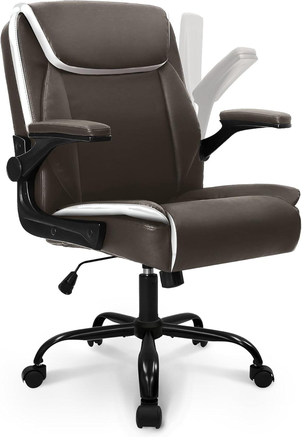Brown PU Leather Ergonomic Office Chair with Flip-up Arms