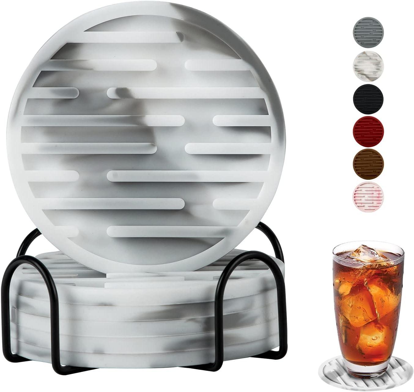 Silicone Coasters for Drinks Set of 6 with Holder - Waterproof Non-Slip Reusable Coaster Mats, Durable Cup Coasters for Table, Bar, Office, Kitchen (6-Pack), Christmas, Thanksgiving Gifts