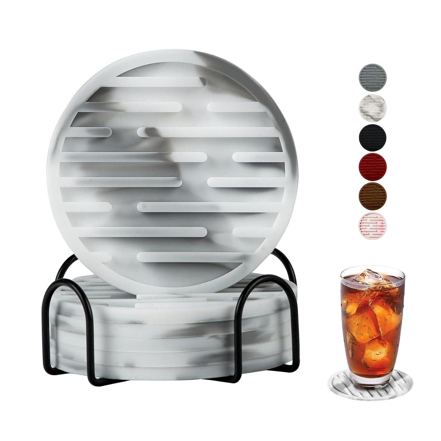 Silicone Coasters for Drinks Set of 6 with Holder - Waterproof Non-Slip Reusable Coaster Mats, Durable Cup Coasters for Table, Bar, Office, Kitchen (6-Pack), Christmas, Thanksgiving Gifts