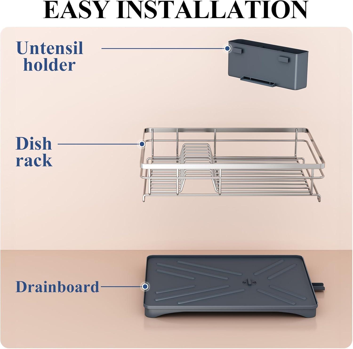 BEACHWATER POOL & SPA, LLC Dish Drying Rack For Kitchen Counter - Large Dish Rack With Drainboard, Rustproof Dish Drainer With Utensil Holder For Sink