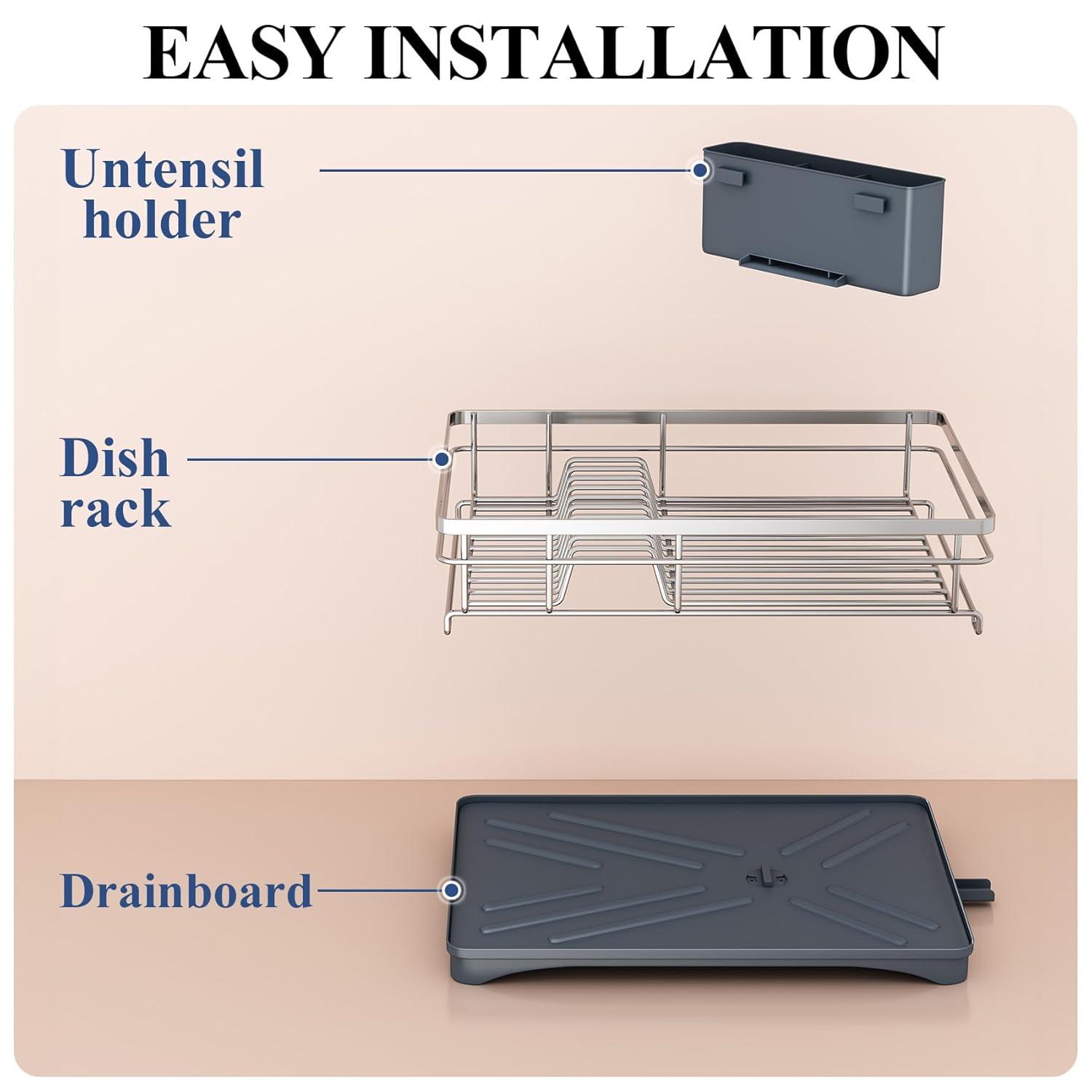 BEACHWATER POOL & SPA, LLC Dish Drying Rack For Kitchen Counter - Large Dish Rack With Drainboard, Rustproof Dish Drainer With Utensil Holder For Sink