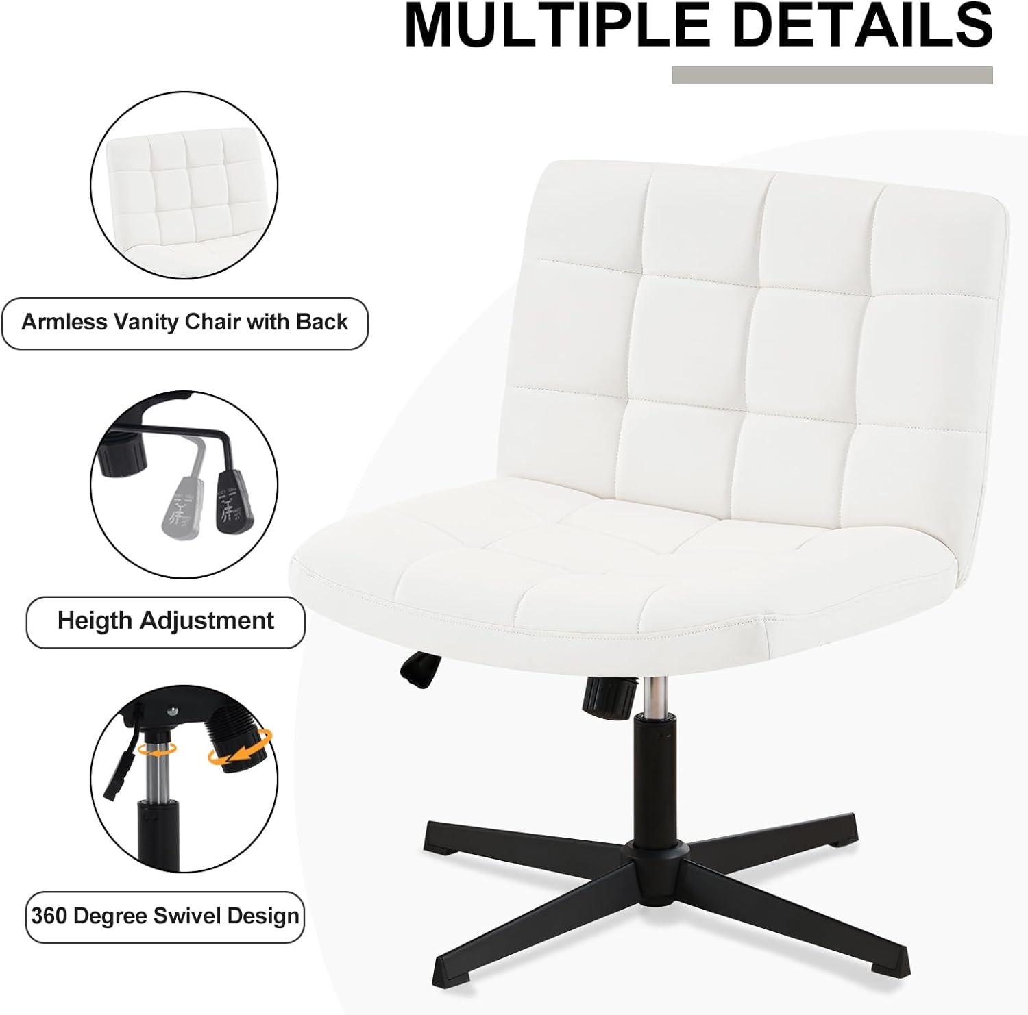 Armless Home Office Task Desk Computer Chair No Wheels PU-Padded Adjustable Swivel Vanity Chair lvory white