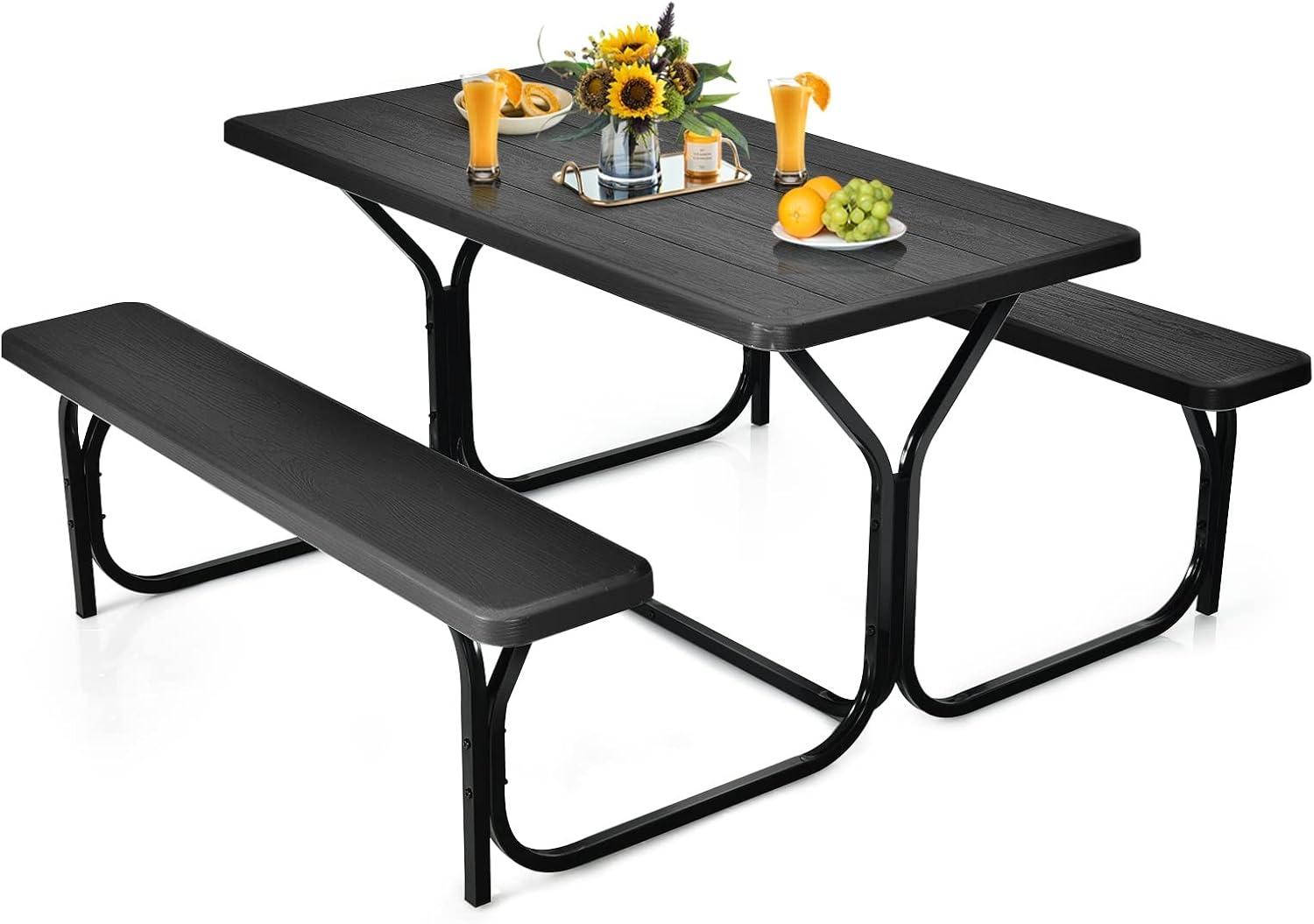 Costway Picnic Table Bench Set Outdoor Backyard Iron Patio Garden Party Dining All Weather Black