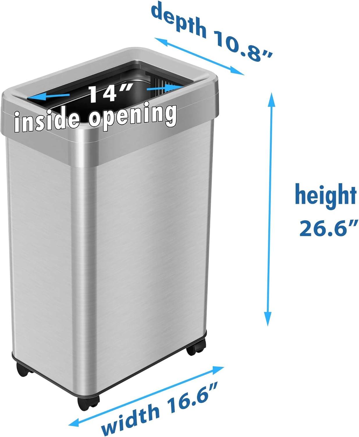 Itouchless Dual-deodorizer Open Top Trash Can With Wheels Rectangular Shape, Commercial Grade Stainless Steel, Silver