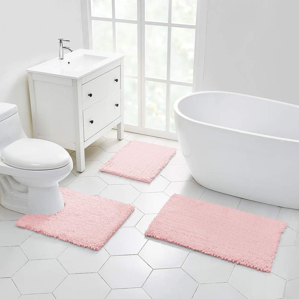 Bathroom Rug Non Slip Bath Mat (24x17 Inch Blush) Water Absorbent Super Soft Shaggy Chenille Machine Washable Dry Extra Thick Perfect Absorbant Best Small Plush Carpet for Shower Floor