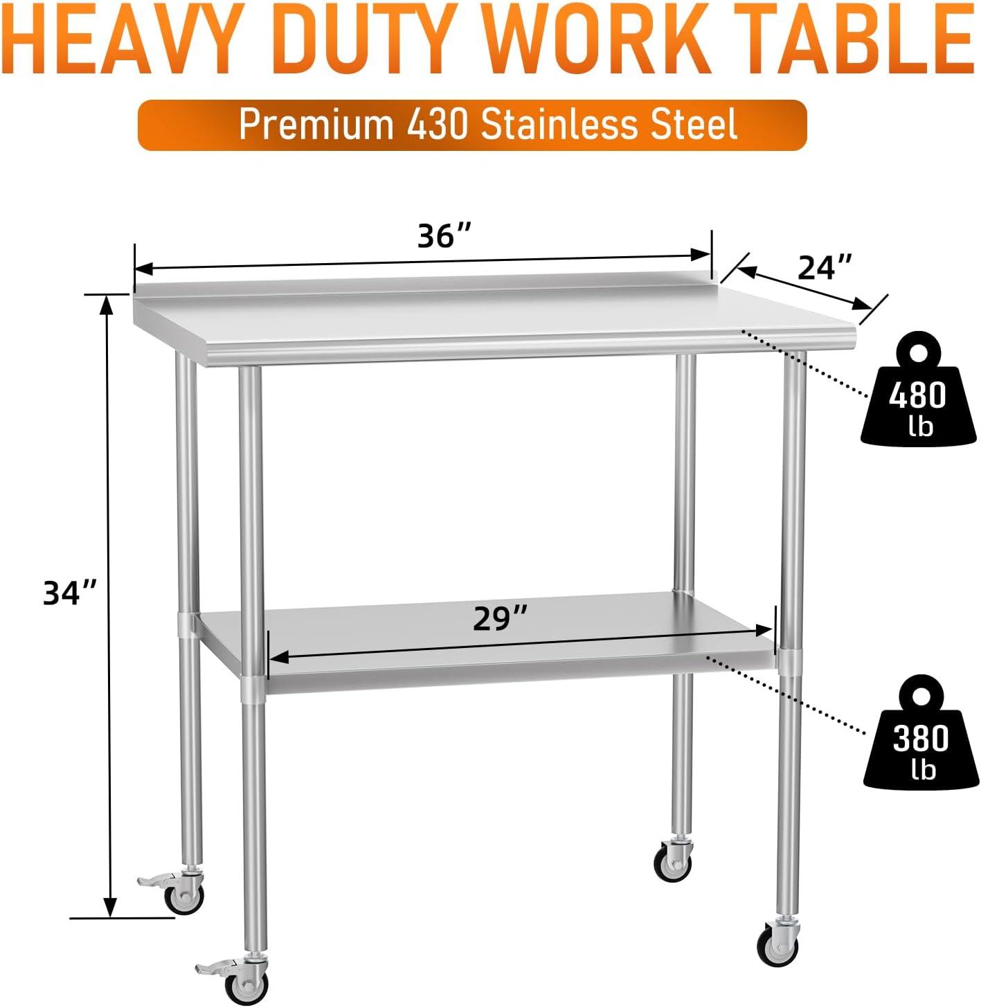 36"x24" Stainless Steel Kitchen Work Prep Table Commercial Workbench With Wheels
