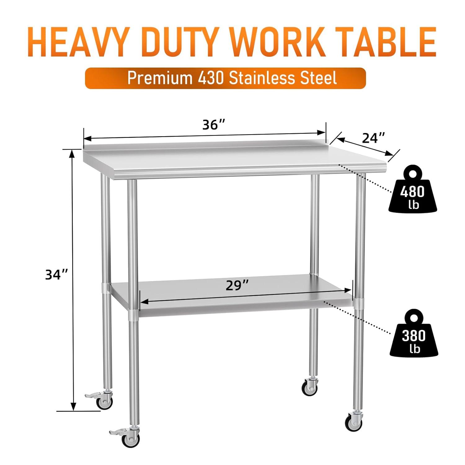 36"x24" Stainless Steel Kitchen Work Prep Table Commercial Workbench With Wheels