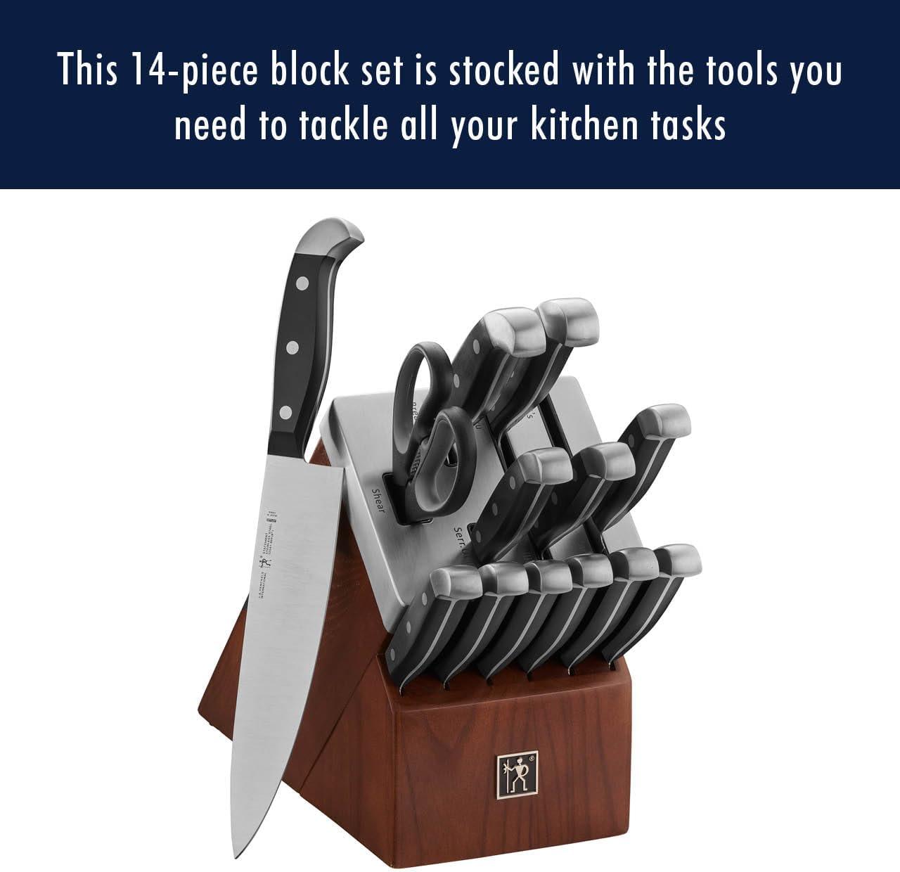 Henckels Statement Self-Sharpening Knife Set with Block, Chef Knife, Paring Knife, Bread Knife, Steak Knife, 14-piece, Dark Brown, Stainless Steel