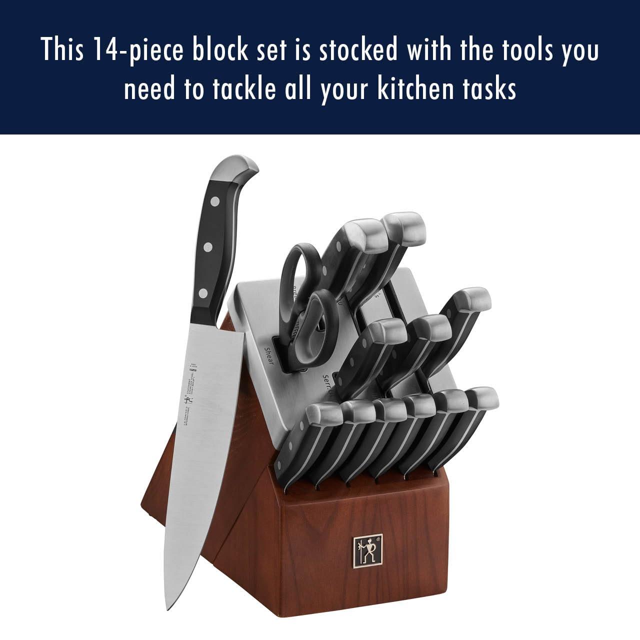 Henckels Statement Self-Sharpening Knife Set with Block, Chef Knife, Paring Knife, Bread Knife, Steak Knife, 14-piece, Dark Brown, Stainless Steel