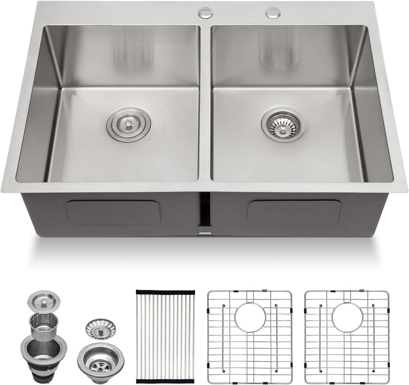 Double Bowl 50 50 Drop In Sink 33"X22"X10" Stainless Steel Kitchen Sink 16 Gauge With Two 10" Deep Basin Brushed Nickel Stainless Steel