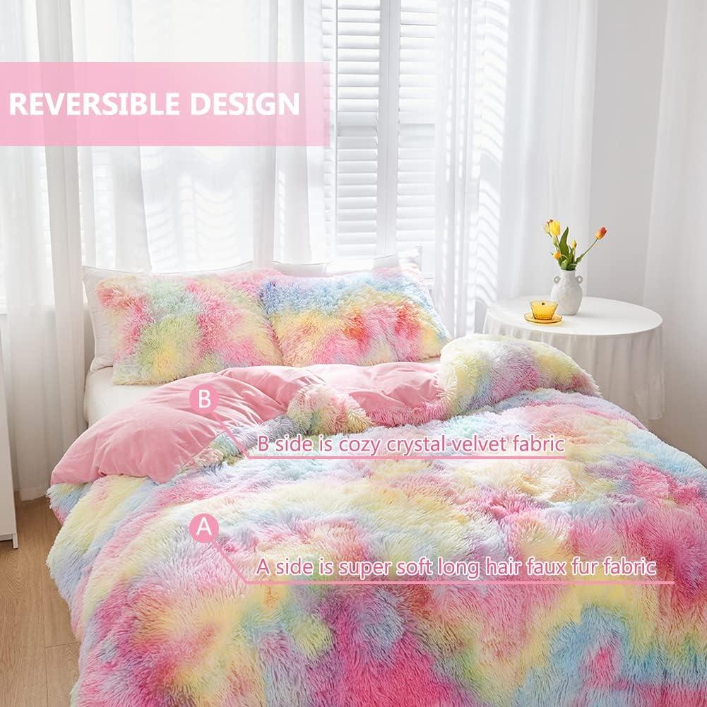 SUCSES Pink Fluffy Full Size Bedding Sets for Girls Faux Fur Plush Shaggy Kids Duvet Cover Set Colorful Rainbow Furry Comforter Cover Set Tie Dye Teen Girl Bed Set (Pink, Full)