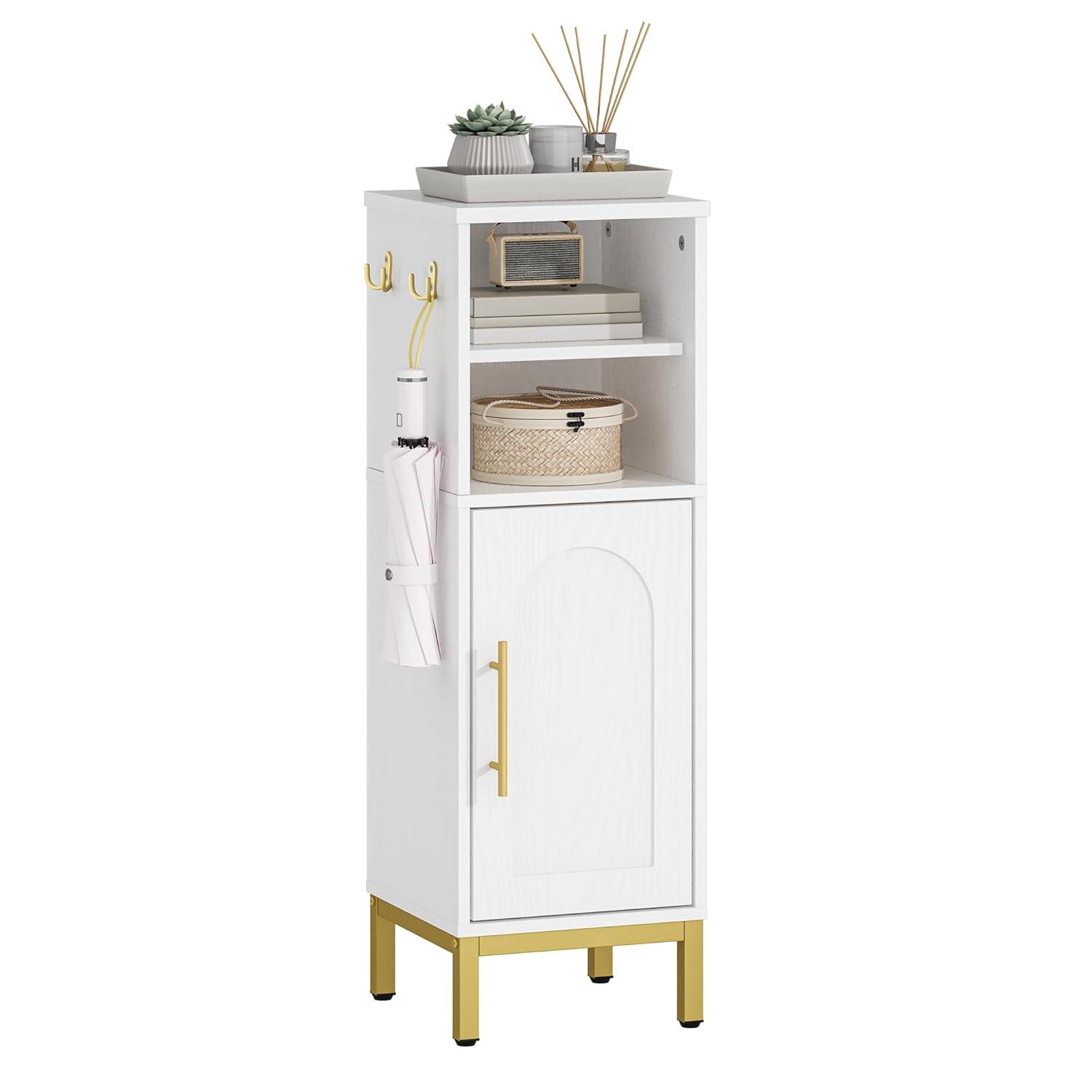 Bathroom Storage Cabinet, Corner Floor Cabinet with Door & Shelves, 2Hooks, Small Narrow Storage Organizer, Toilet Paper Cabinets for Small Space, White SC06313G