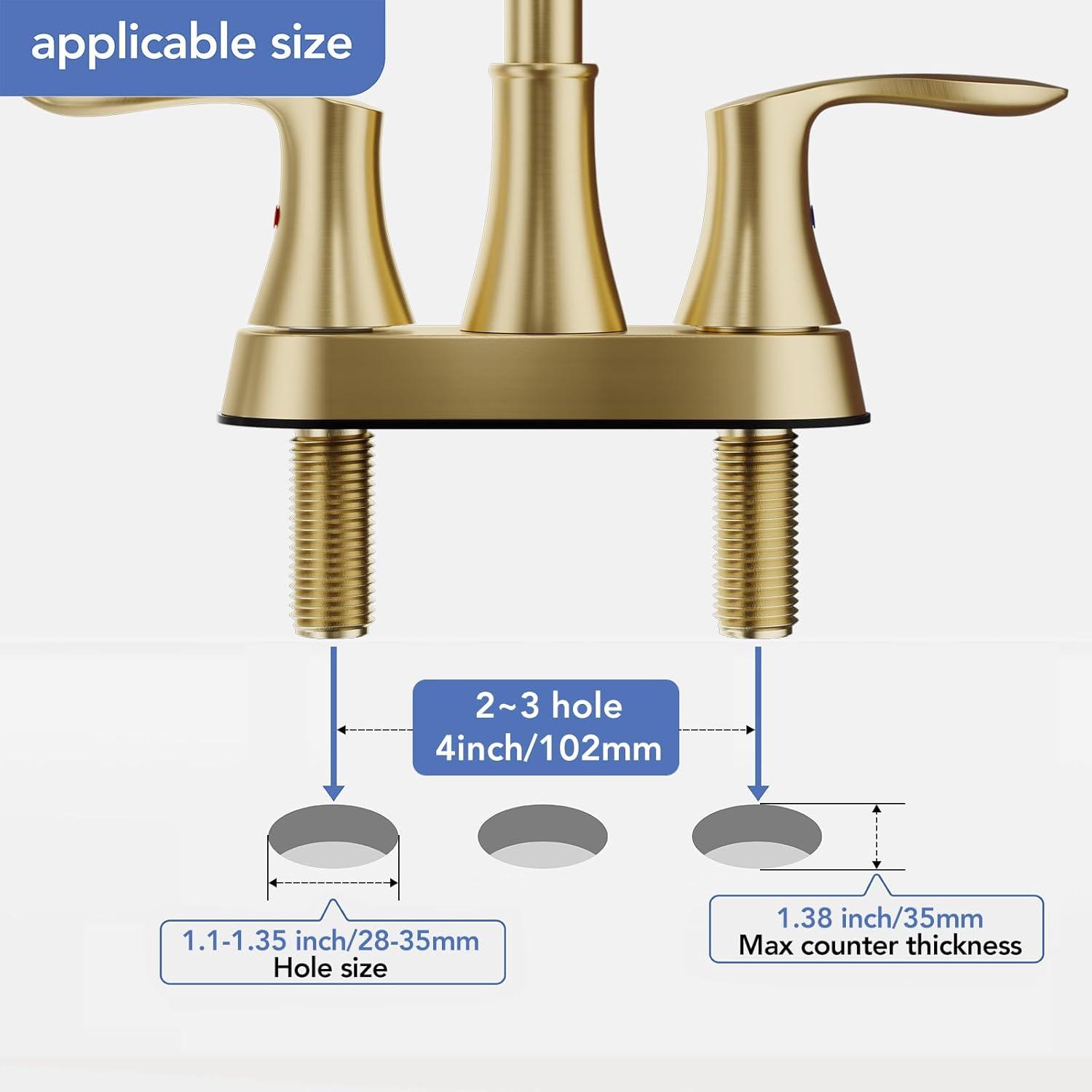 Phiestina 4 Inch 2 or 3 Hole Bathroom Sink Faucet Centerset Brushed Gold 2 Handle RV 360°Swivel Bath Vanity Faucet with Metal Pop Up Drain & Water Supply line, TY36-BG