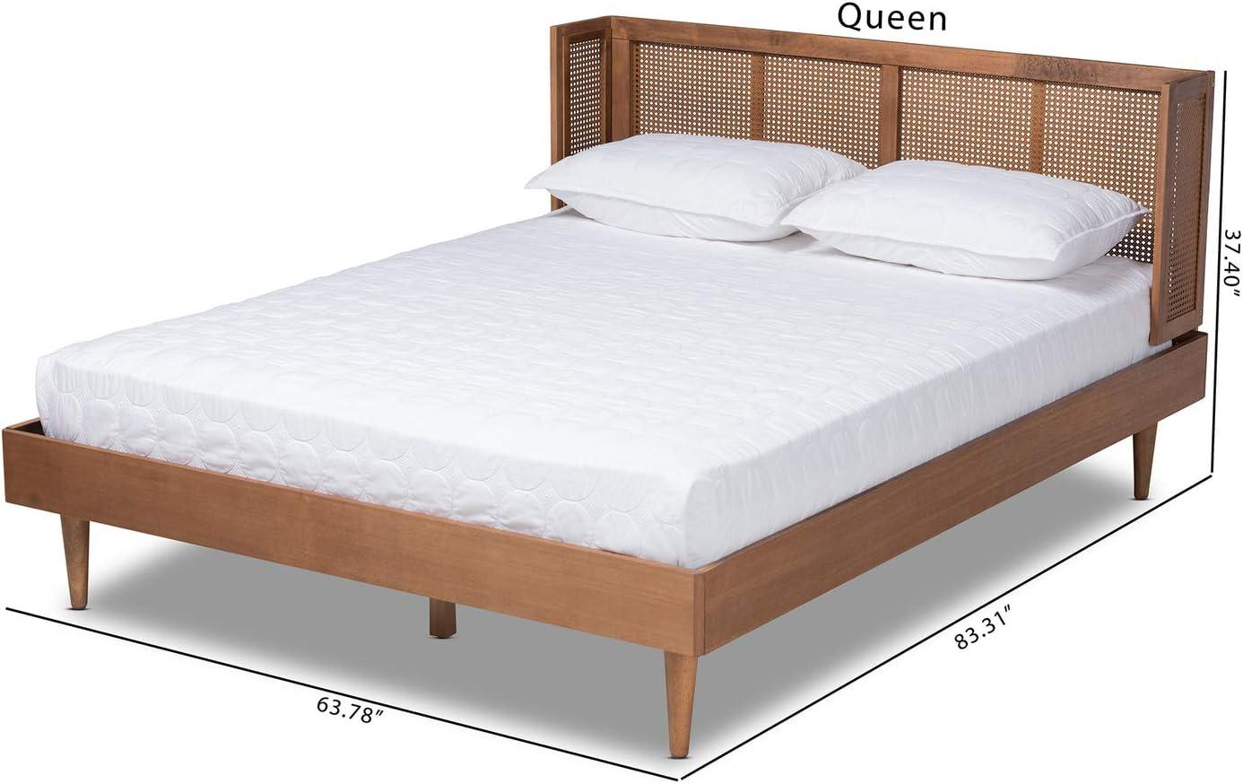 Queen Rina Wood Platform Bed with Headboard Ash Walnut - Baxton Studio: Mid-Century Modern Design, Synthetic Rattan Panel