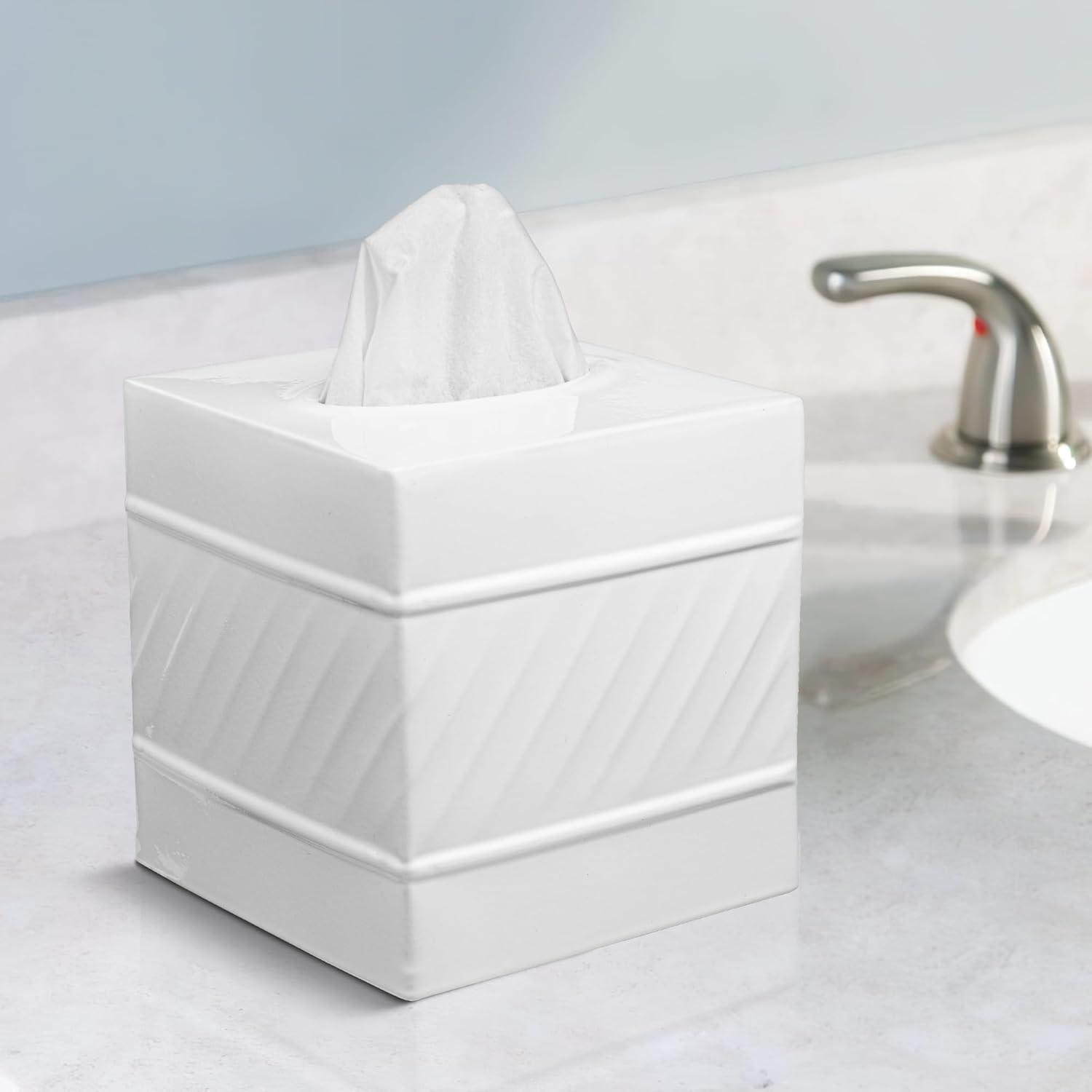 White Wave Embossed Metal Square Tissue Box Cover