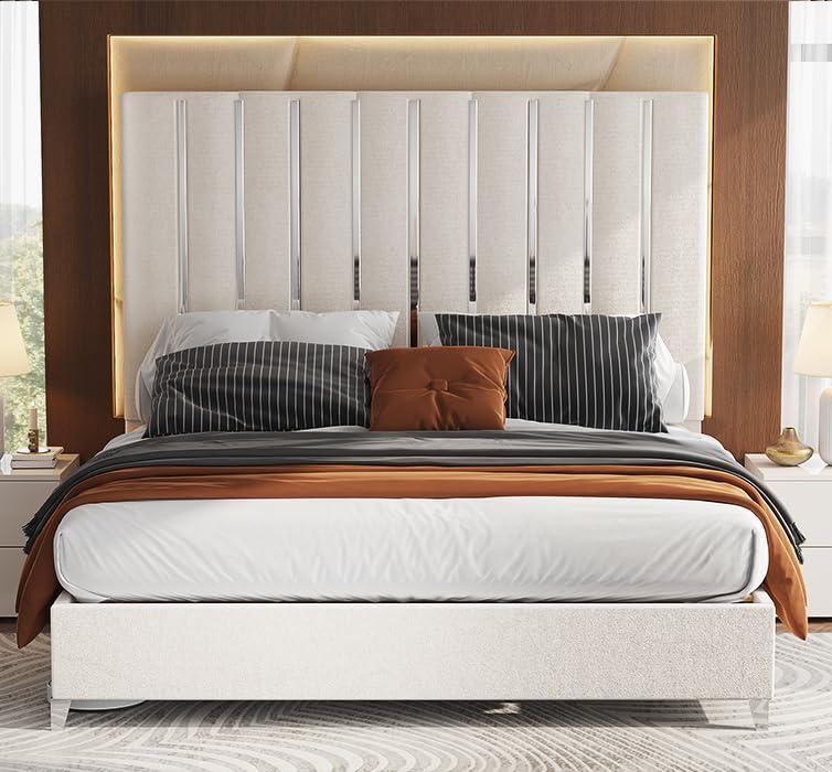 Merluxy King Size Bed Frame with 58" Tall Headboard, Velvet Upholstered Platform Bed with Channel Tufted Wingback Headboard and Plating Trim, Cream