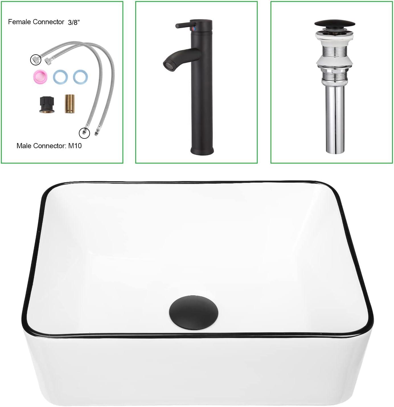 Ceramic Rectangular Bathroom Vessel Sink, Above Counter Vanity Sink with Faucet Combo, White Body with Black Trim on The Top, 16'' x 12''