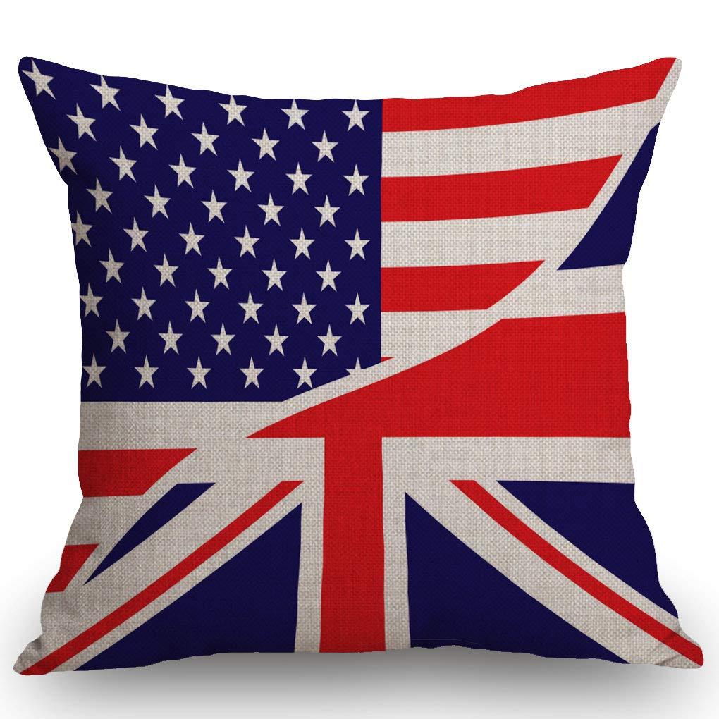 SSOIU USA American Flag and The Union Jack British Flag Throw Pillow Cover Farmhouse Cushion Case for Sofa Couch 18x18 Inches Cotton Linen 18x18 inches