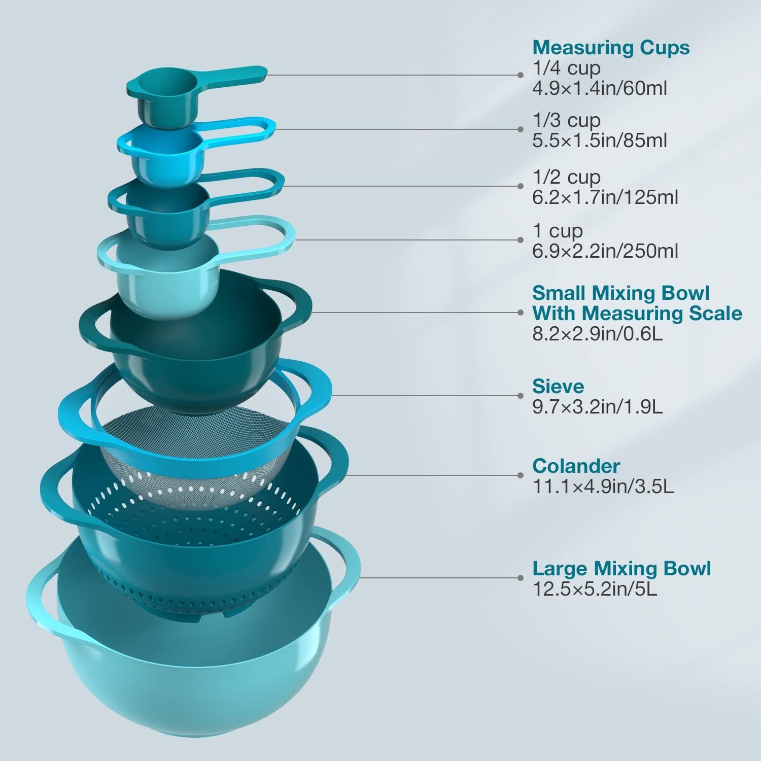 Teal Plastic Nesting Mixing Bowl Set with Measuring Cups