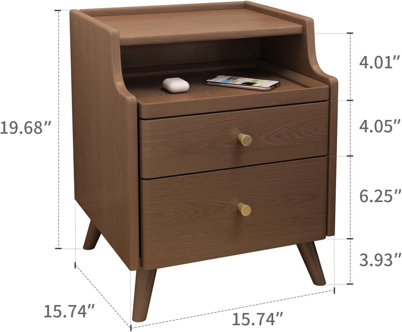 Solid Wood Nightstand, Nightstand with Drawers, Walnut Bedside Table for Bedroom