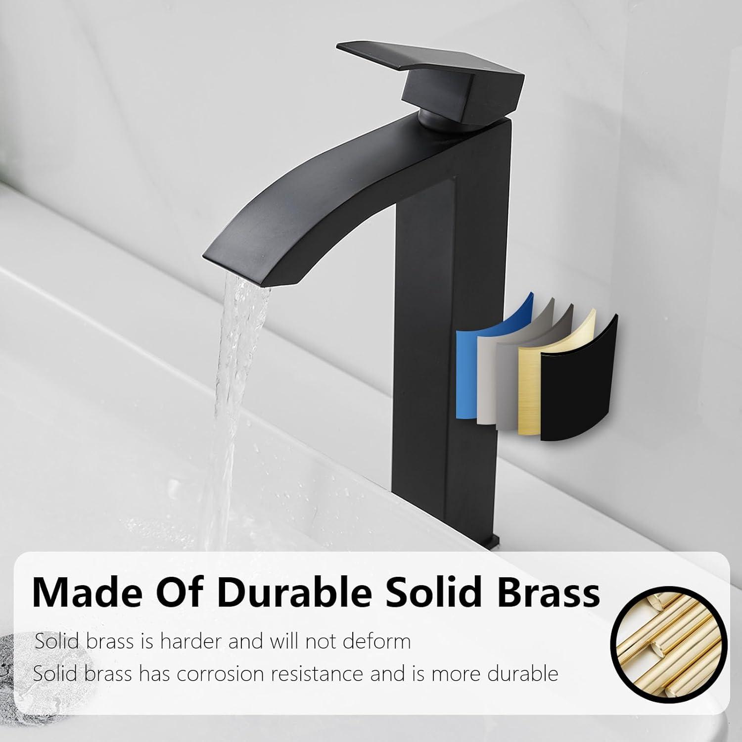 Waterfall Bathroom Faucet Single Handle，Bathroom Sink Faucet 1 Hole，Waterfall Faucet for Bathroom Sink，Vessel Sink Faucet Matte Black Tall Bathroom Faucet