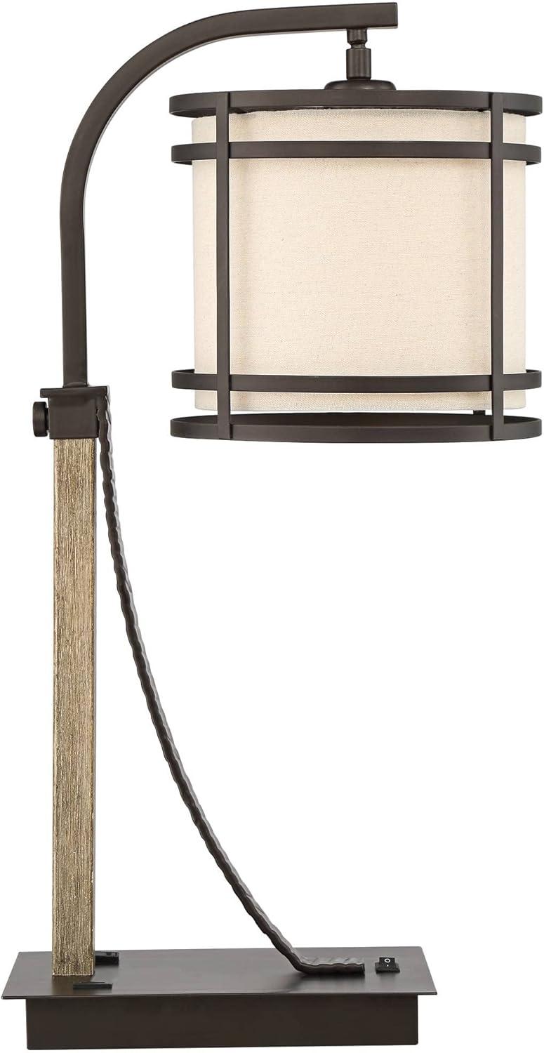 Franklin Iron Works Gentry Industrial Desk Lamp 22" High Oil Rubbed Bronze Faux Wood Cage with USB and AC Power Outlet in Base Oatmeal Shade for Desk