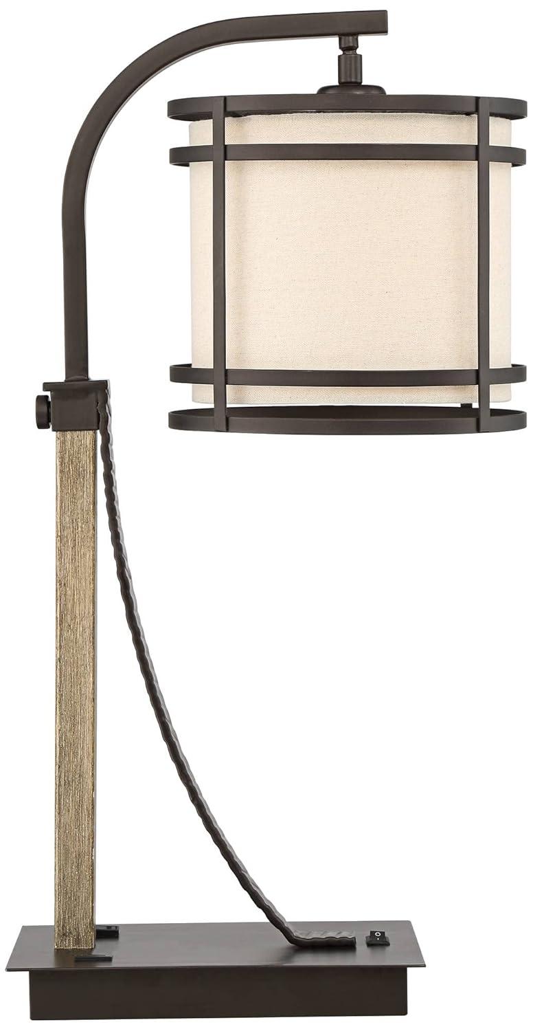 Franklin Iron Works Gentry Industrial Desk Lamp 22" High Oil Rubbed Bronze Faux Wood Cage with USB and AC Power Outlet in Base Oatmeal Shade for Desk