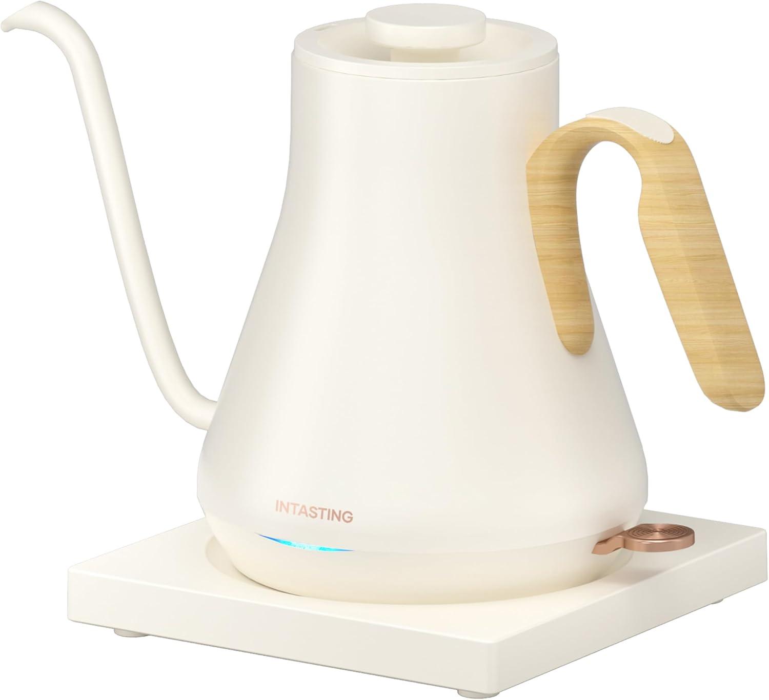 Matte White Electric Gooseneck Kettle with Light Brown Wood Handle, 0.9L