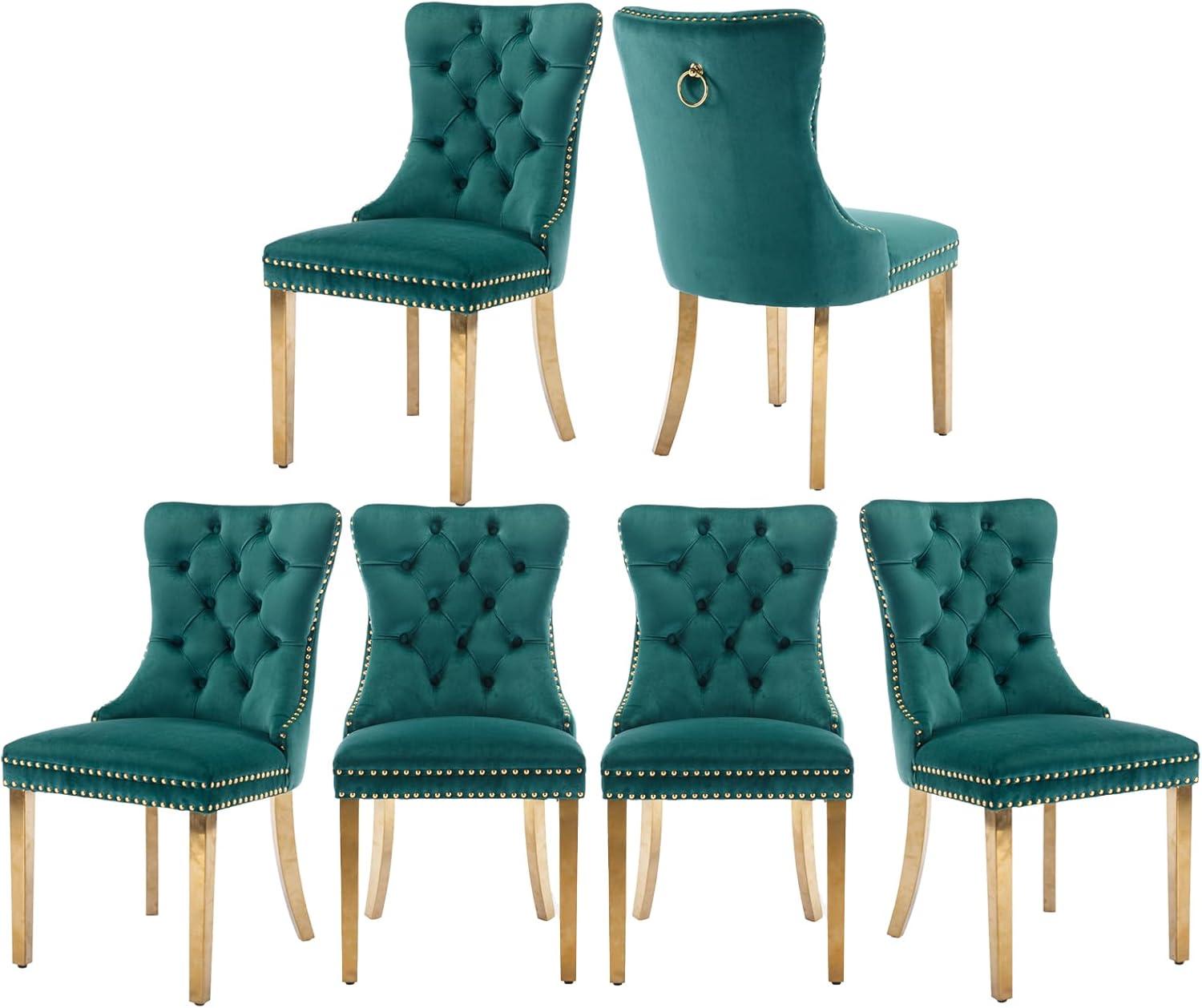 ODUSE-DAILY Green Velvet Dining Chairs Set of 6, Kitchen & Dining Room Chairs, Nailheads Tufted, Sillas De Comedor, Fabric Upholstered, Golden Metal Legs (Green, 6 Pcs)