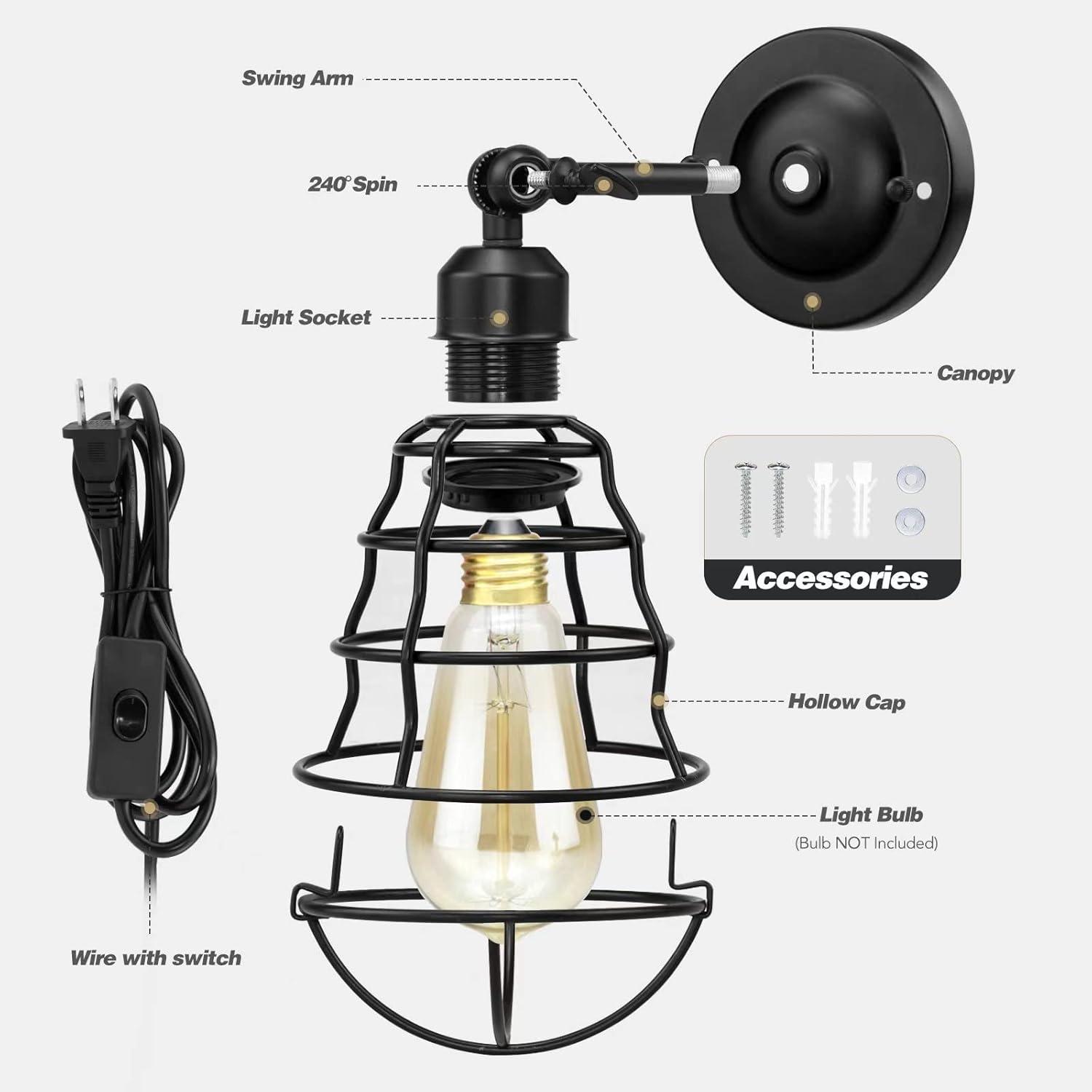 Black Industrial Wire Cage Plug-In Wall Sconces Set