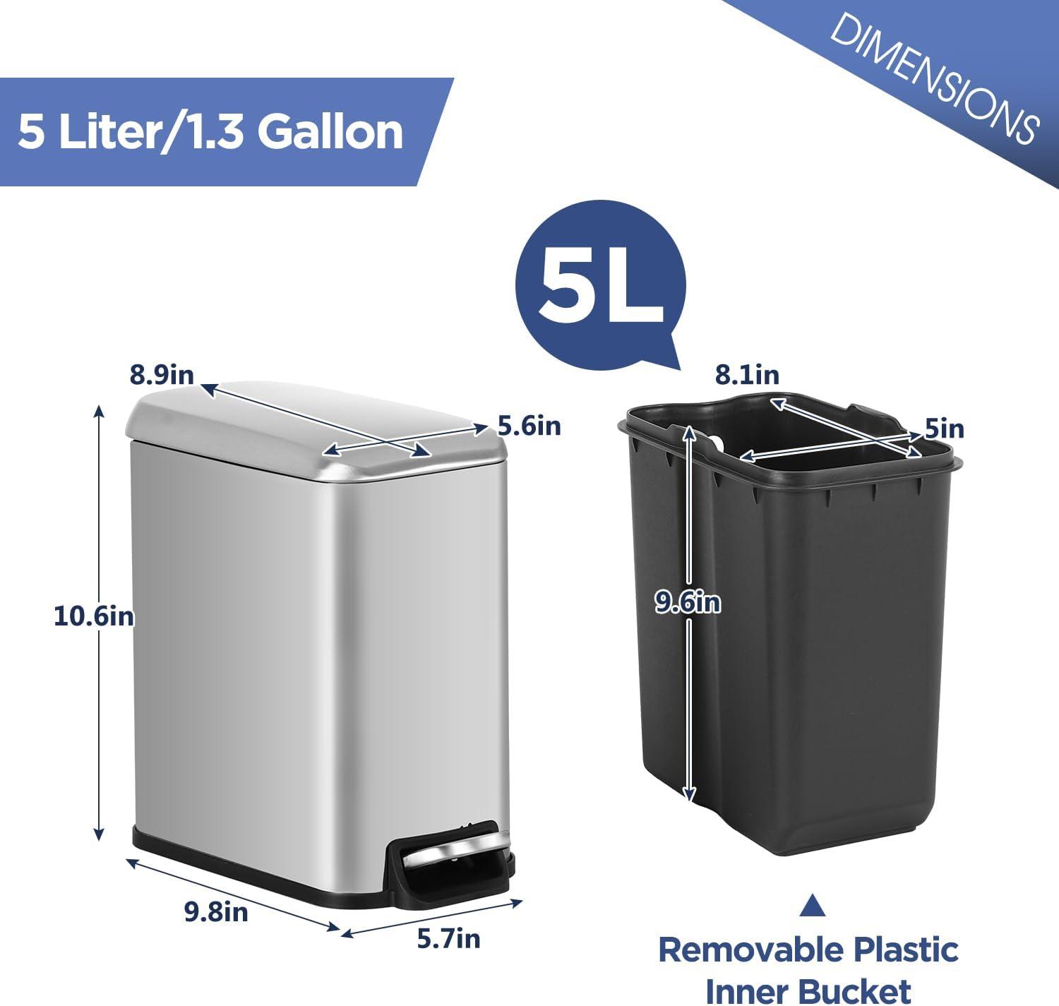 FDW Bathroom Trash Can With A Lid 1.3 Gallon  (5 L) Small Trash Bin Step Pedal Garbage Can With Removable Bucket Slim For Small Spaces For Bathroom,Bedroom,Kitchen,Office