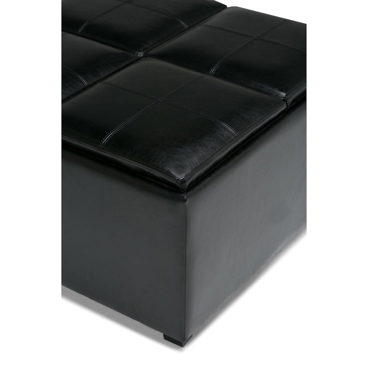 Simpli Home Avalon 35"W Upholstered Square Coffee Table Storage Ottoman with Flip-Over Trays
