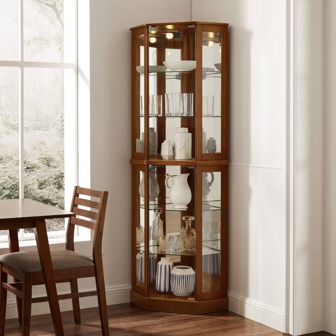 Walnut Lighted Corner Curio Cabinet with Adjustable Glass Shelves