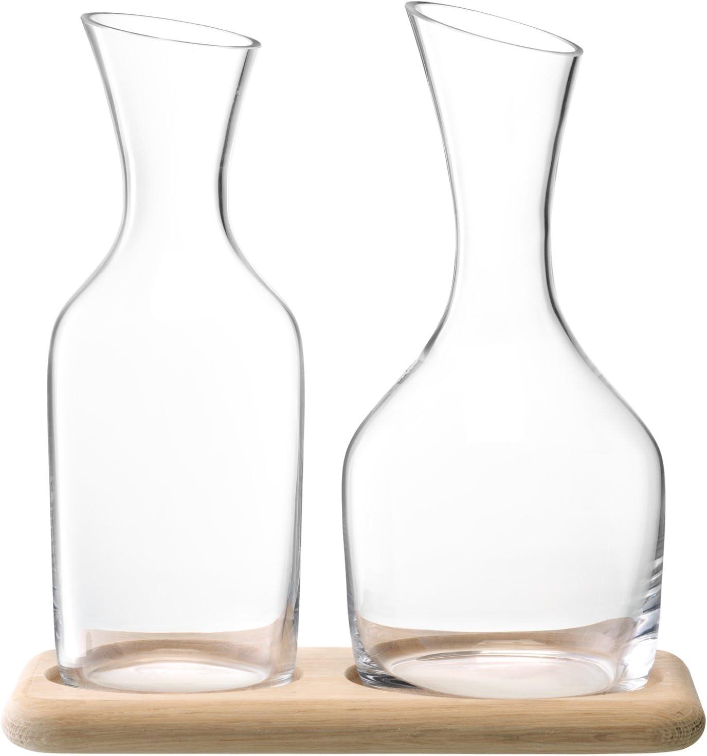 Handmade Glass Water and Wine Carafe Set with Oak Base