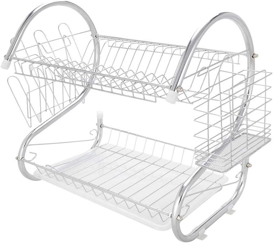 Silver 2-Tier Stainless Steel Dish Drying Rack with Utensil Cup