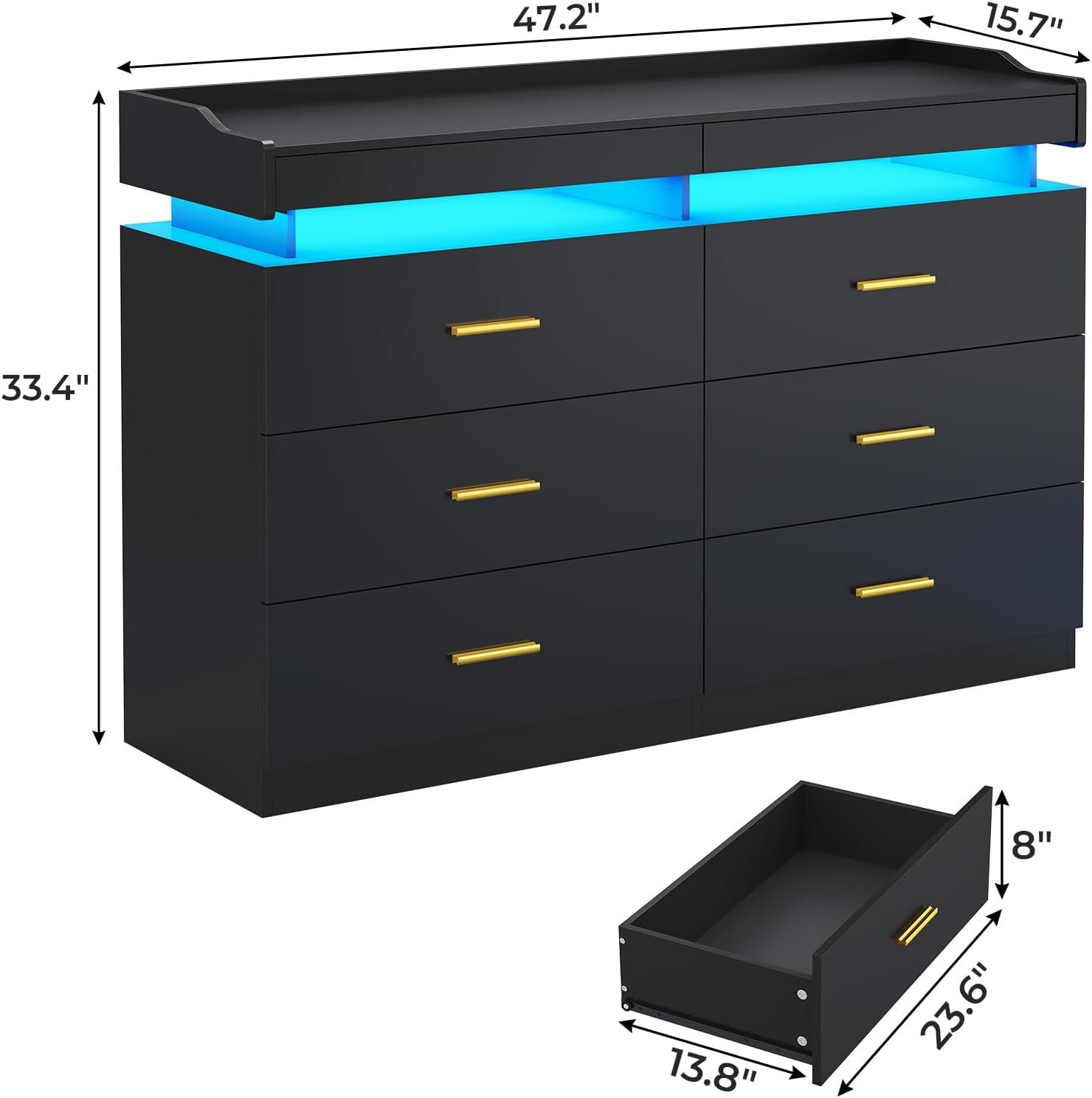 Modern LED Dresser for Bedroom, 6 Drawer Dresser with 2 Pull-Out Trays, Wide Dresser, White