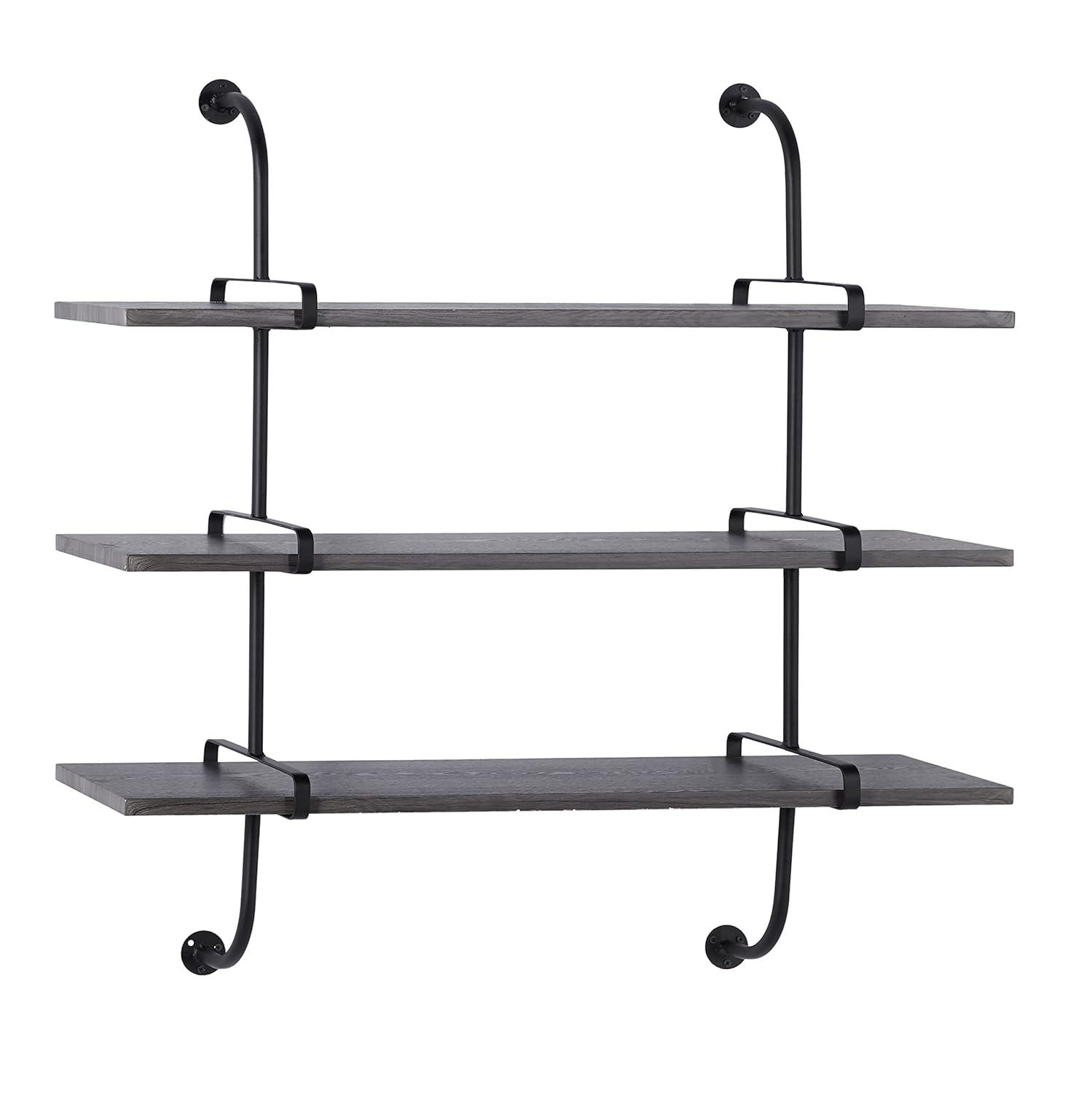 DecMode 38" x 10" 3-Tier Gray Wall Shelf with Black Metal Brackets