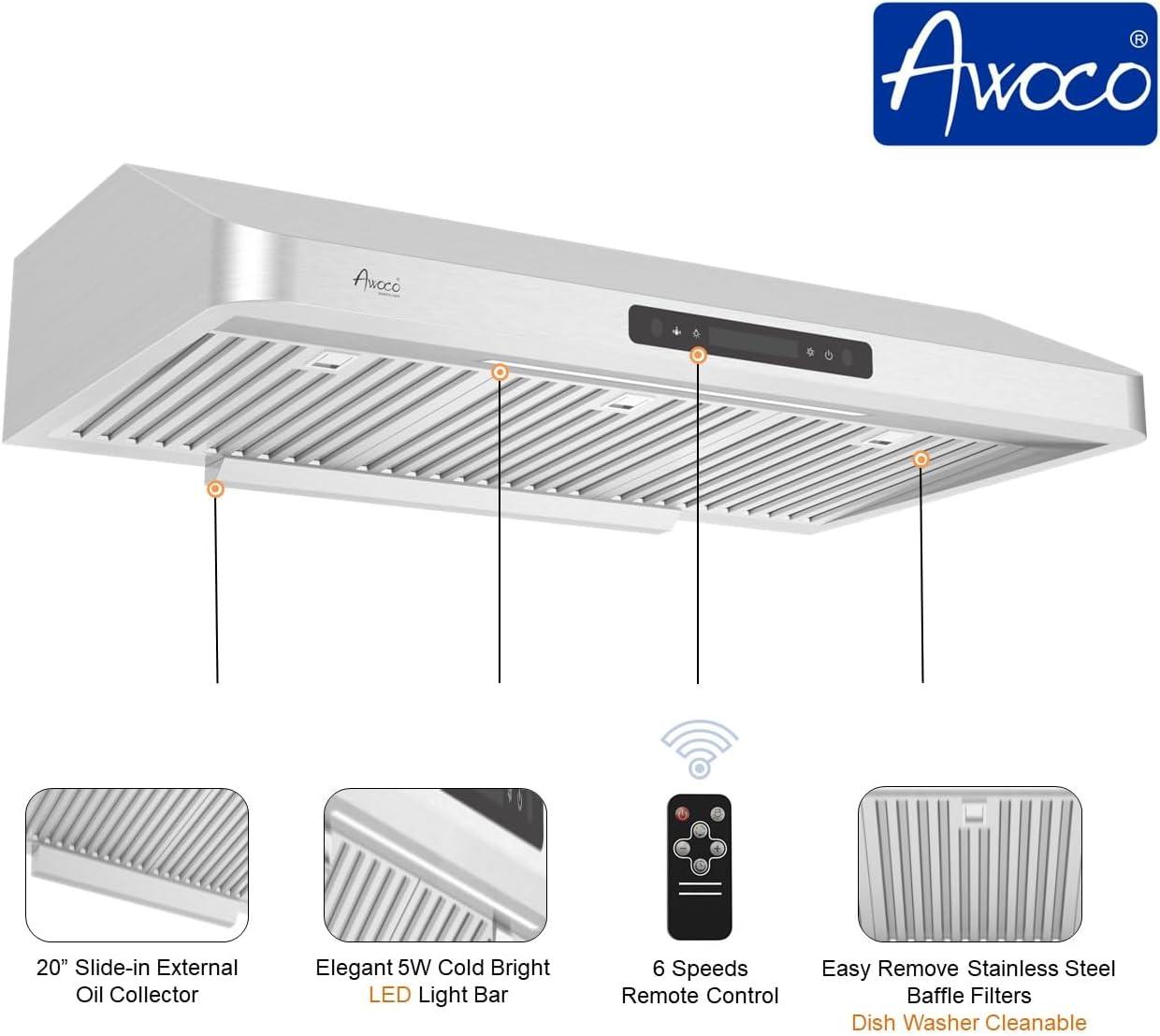 Awoco 36" Stainless Steel 900 CFM Ducted (Vented) Under Cabinet Range Hood with Baffle Filter