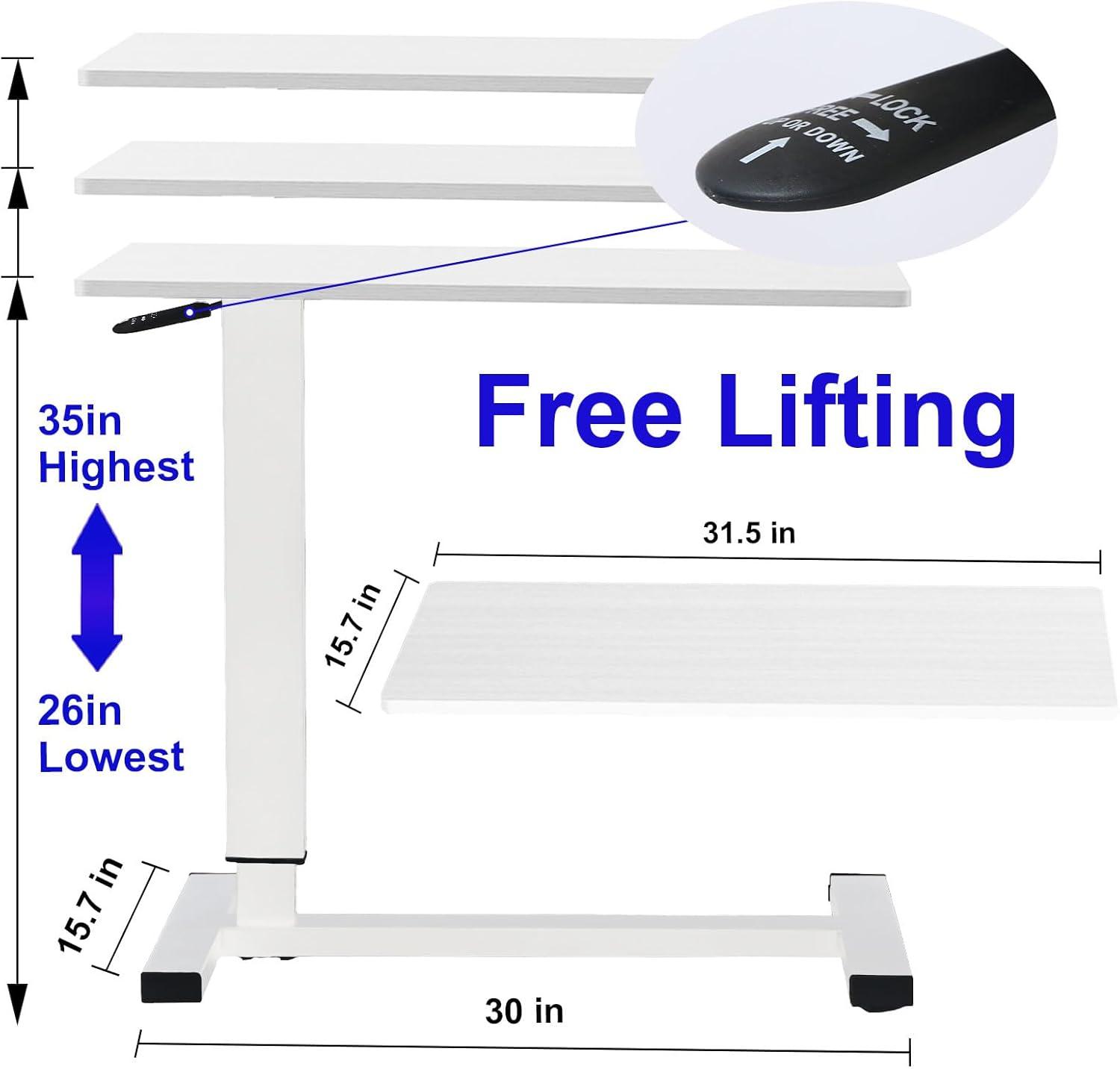 HMTtie Medical Adjustable Overbed Bedside Table with Hidden Casters, Pneumatic Mobile Laptop Computer Standing Desk Cart with Tray, Hospital and Home Use(27.6" W x 15.7" D, White)