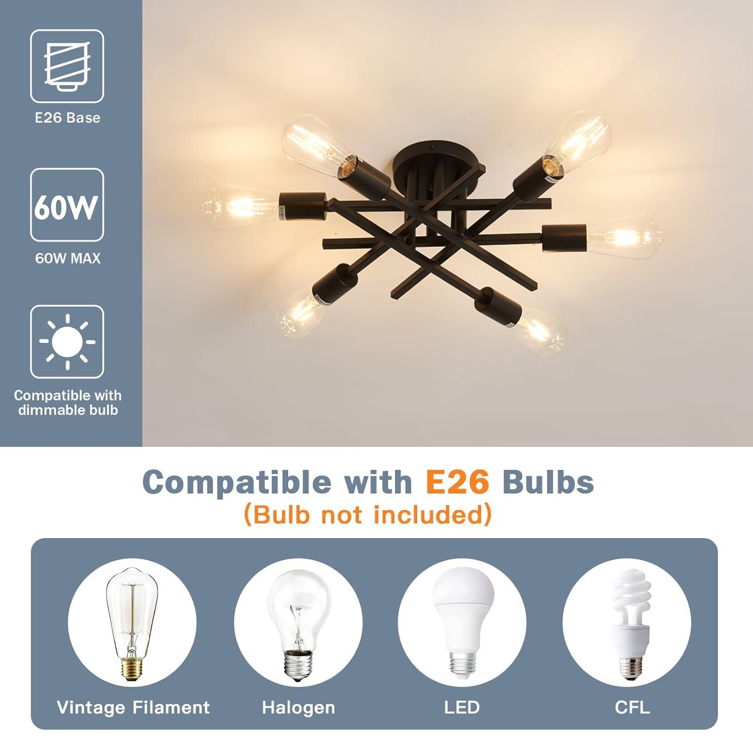 Semi Flush Mount Modern Ceiling Light Fixture， 6 Lights Black Vintage Matte Sputnik Chandelier Ceiling Lamp with E26 Bulb Base [Bulbs Not Included]