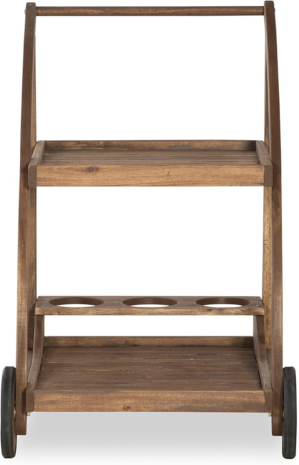 Linon Chandler Acorn Finished Acacia Wood Outdoor Bar Trolley with Three Bottle Glass Holders