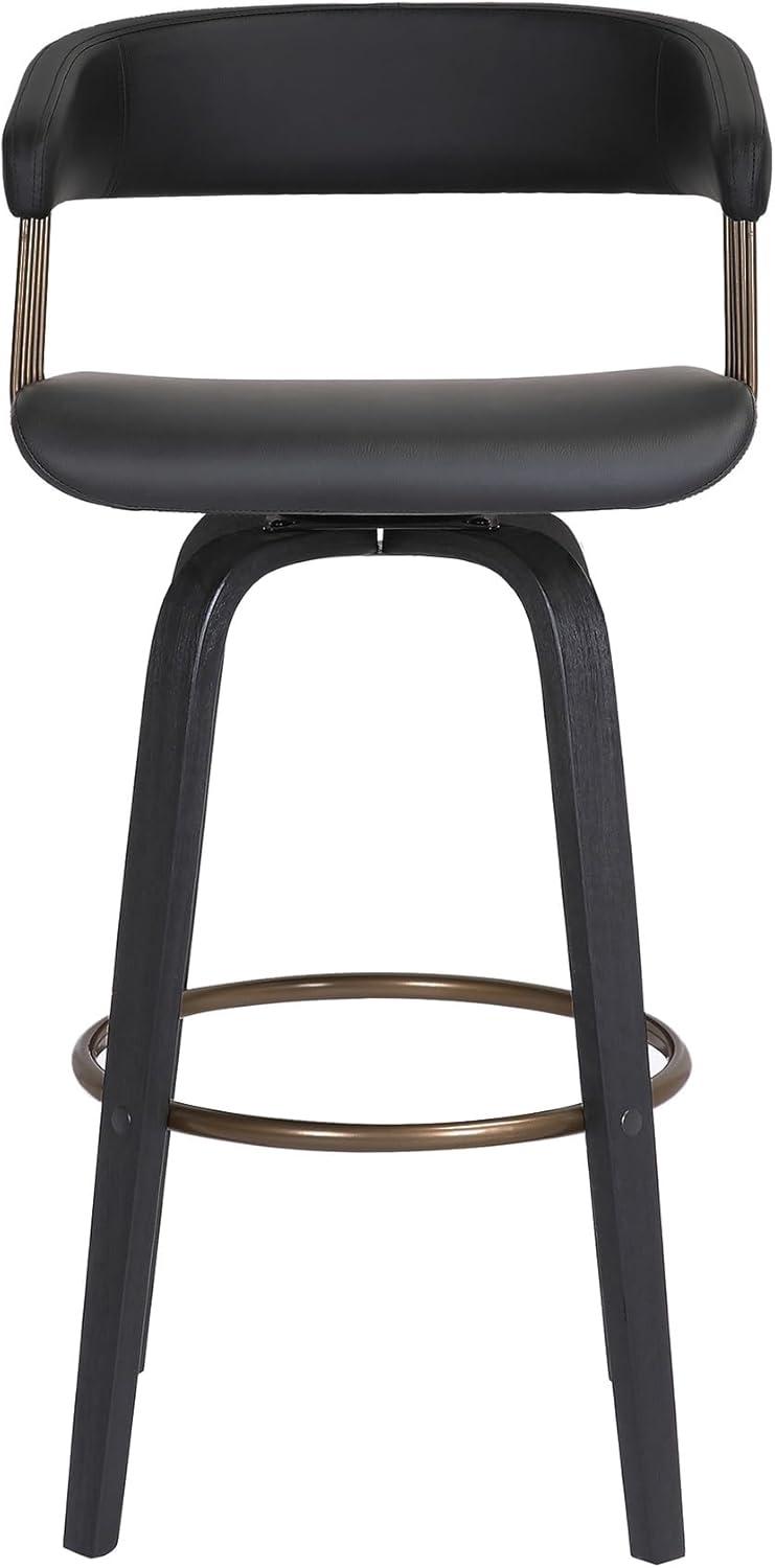 Topanga 26" Swivel Black Wood Counter Stool in Black Faux Leather with Golden Bronze Metal