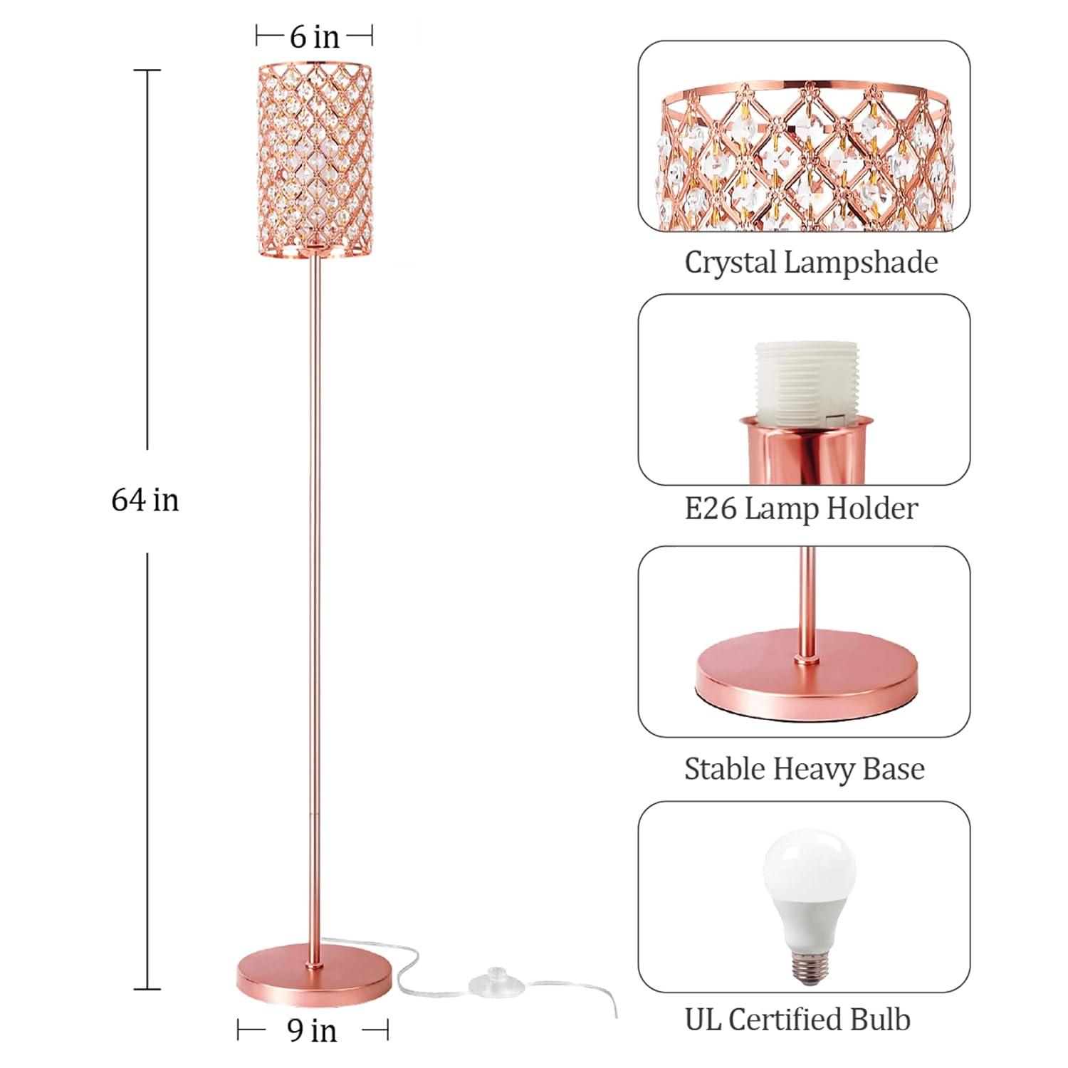 Crystal Floor Lamp with Remote Control, Smart Rose Gold Floor Lamps for Living Room with Bulb Included, Crystal Standing Lamp Rose Gold Home Décor Floor Lamp for Bedroom