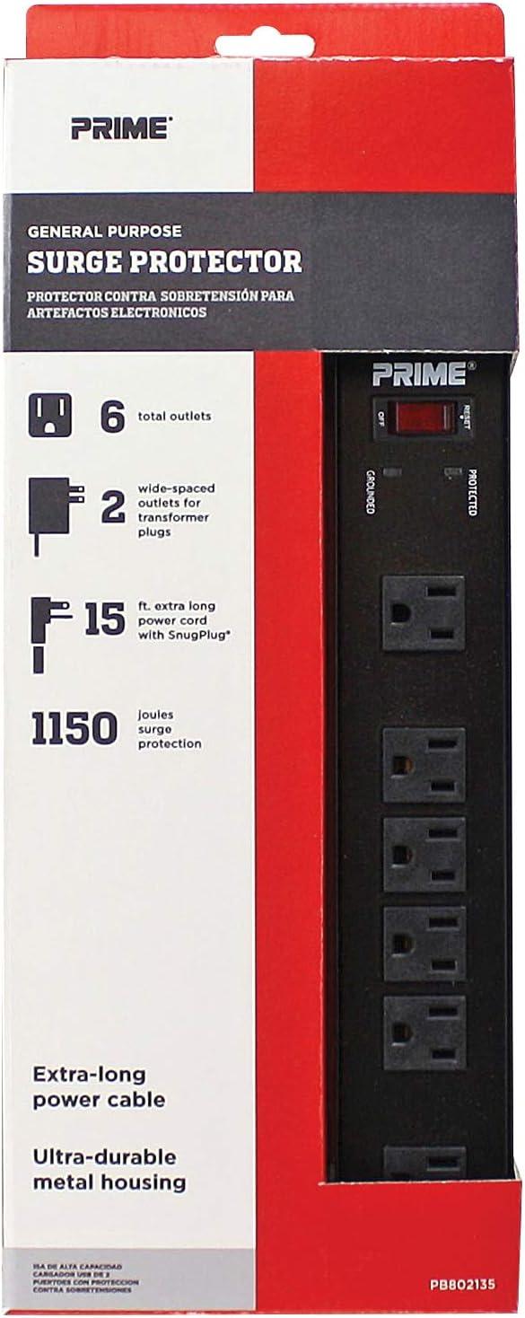 Monoprice Power & Surge - 6 Outlet Metal Surge Protector Power Strip - 15 Feet Cord - Black | 1150 Joules 15A / 125V / 1875W