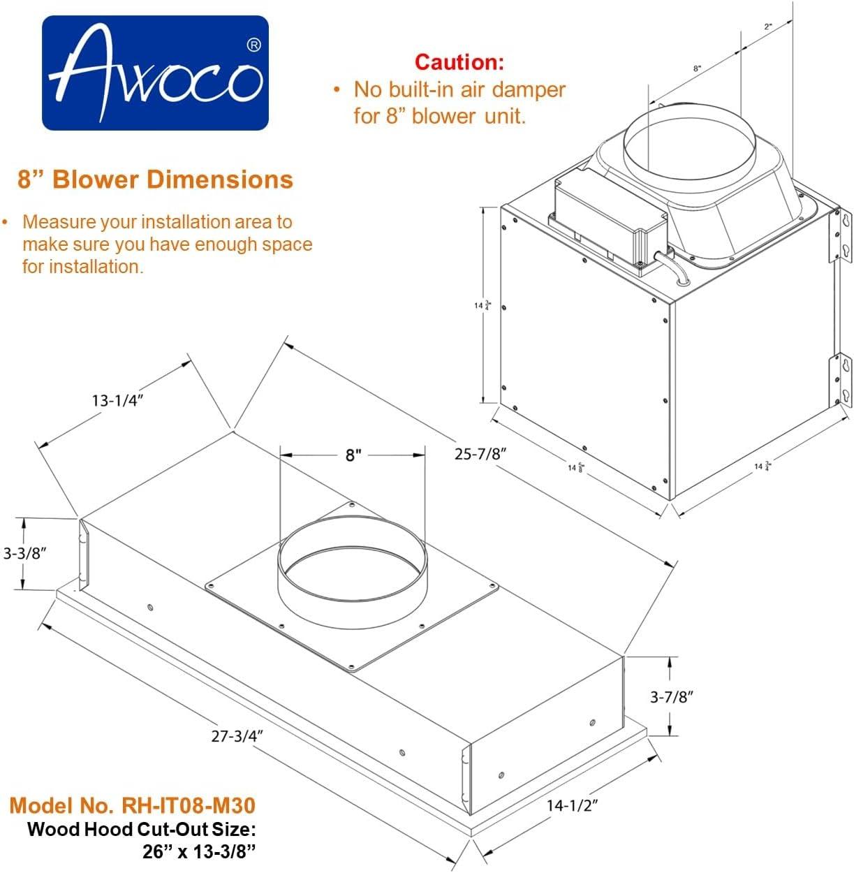 Awoco 30" Stainless Steel 1000 CFM Ducted (Vented) Insert Range Hood with Mesh Filter