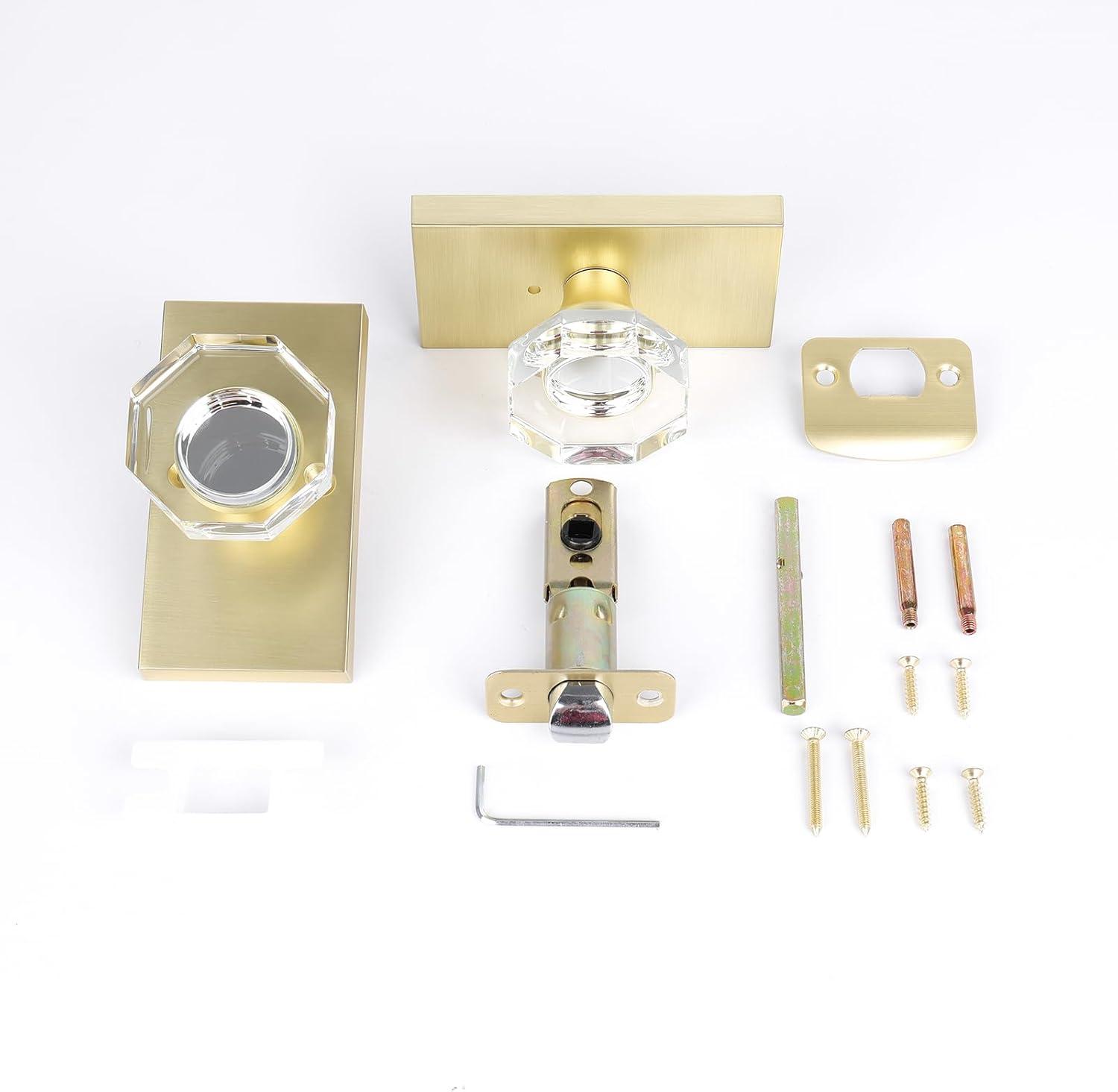 Clear Glass Crystal Door Knobs Interior,Octagon Gold Door Knob,Bathroom Bedroom Privacy Door Knobs with Lock,Satin Brass