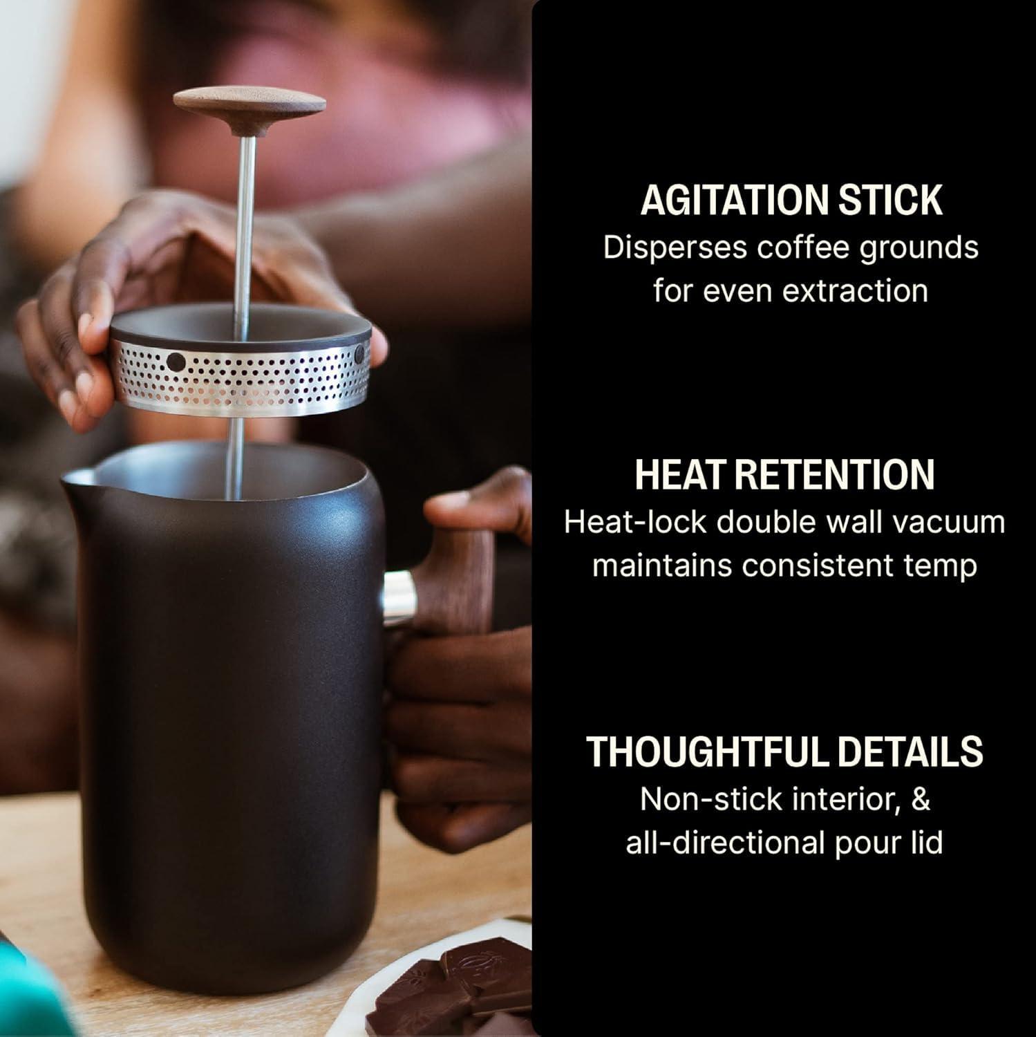 Matte Black and Walnut Insulated French Press Coffee Maker